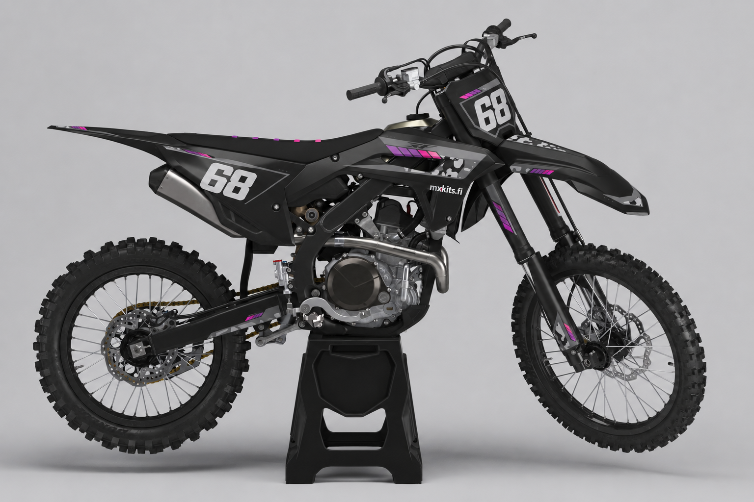 Honda Purppuravirta musta harmaa violetti ja pinkki motocross-tarrasarja numerolla 68