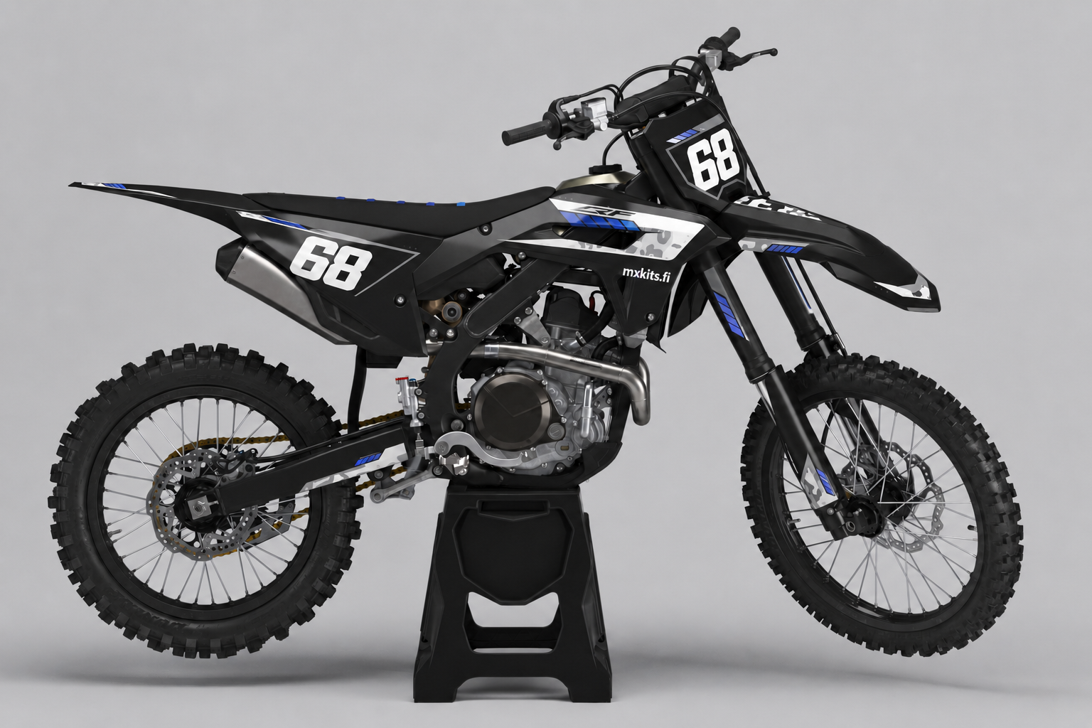Honda Jäälinja musta valkoinen harmaa ja sininen motocross-tarrasarja numerolla 68