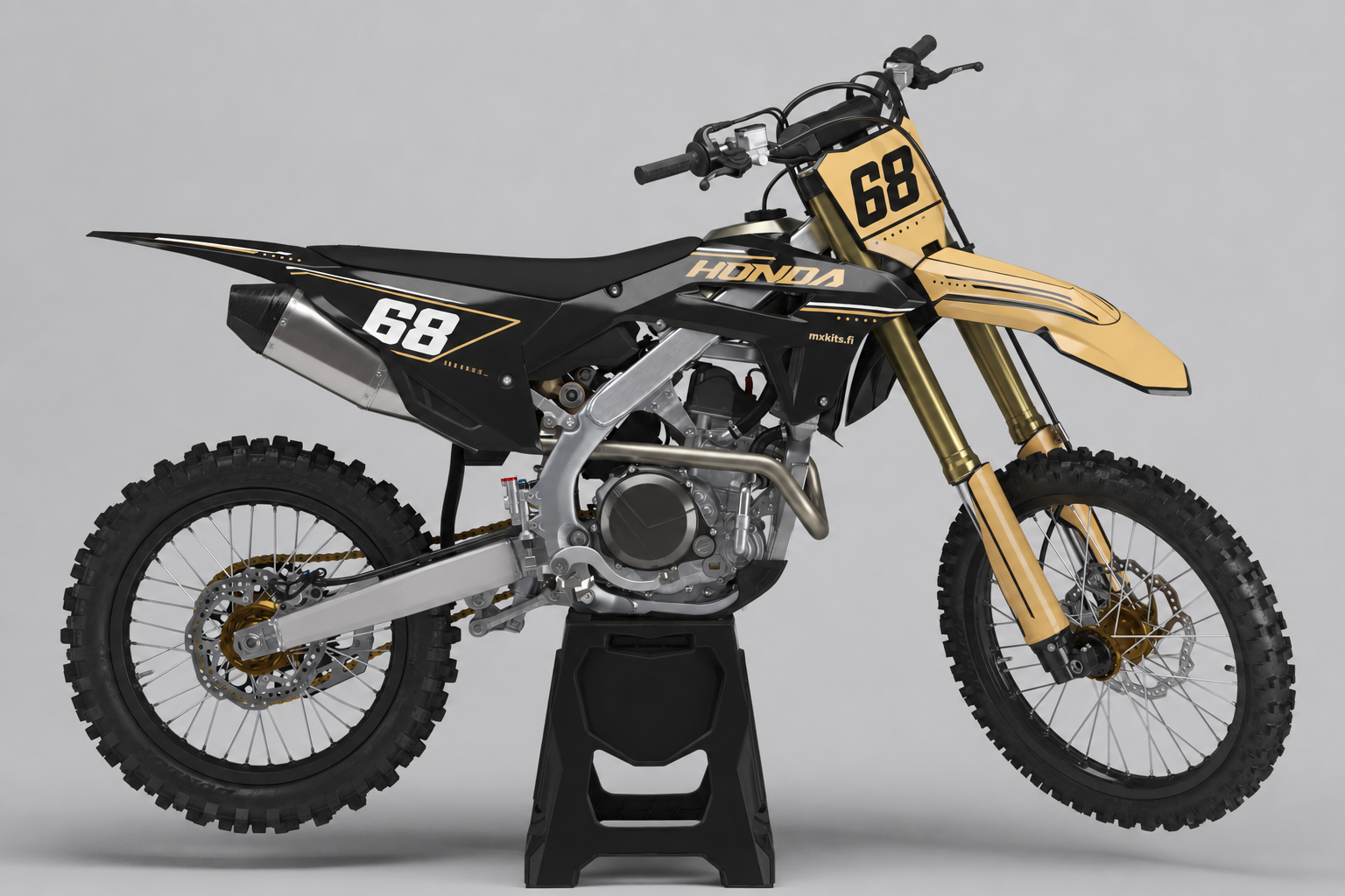 Honda Alkukipinä musta ja kullanvärinen motocross-tarrasarja numerolla 68