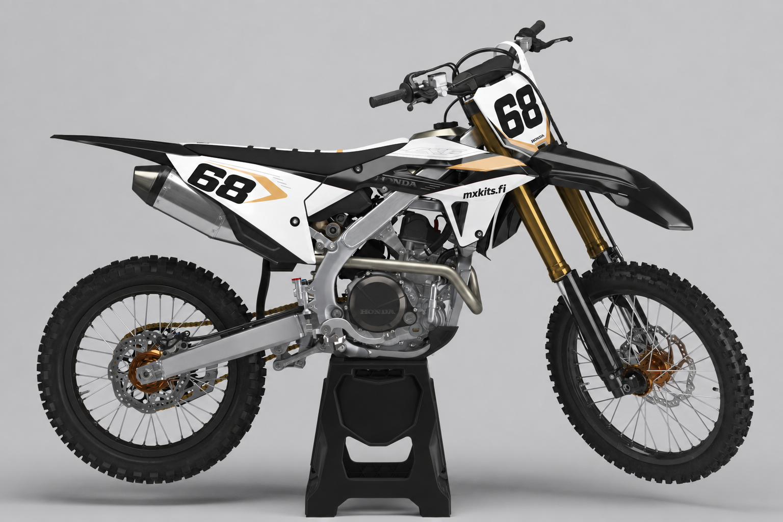 Honda Varjokulta valkoinen musta ja kullanvärinen motocross-tarrasarja numerolla 68