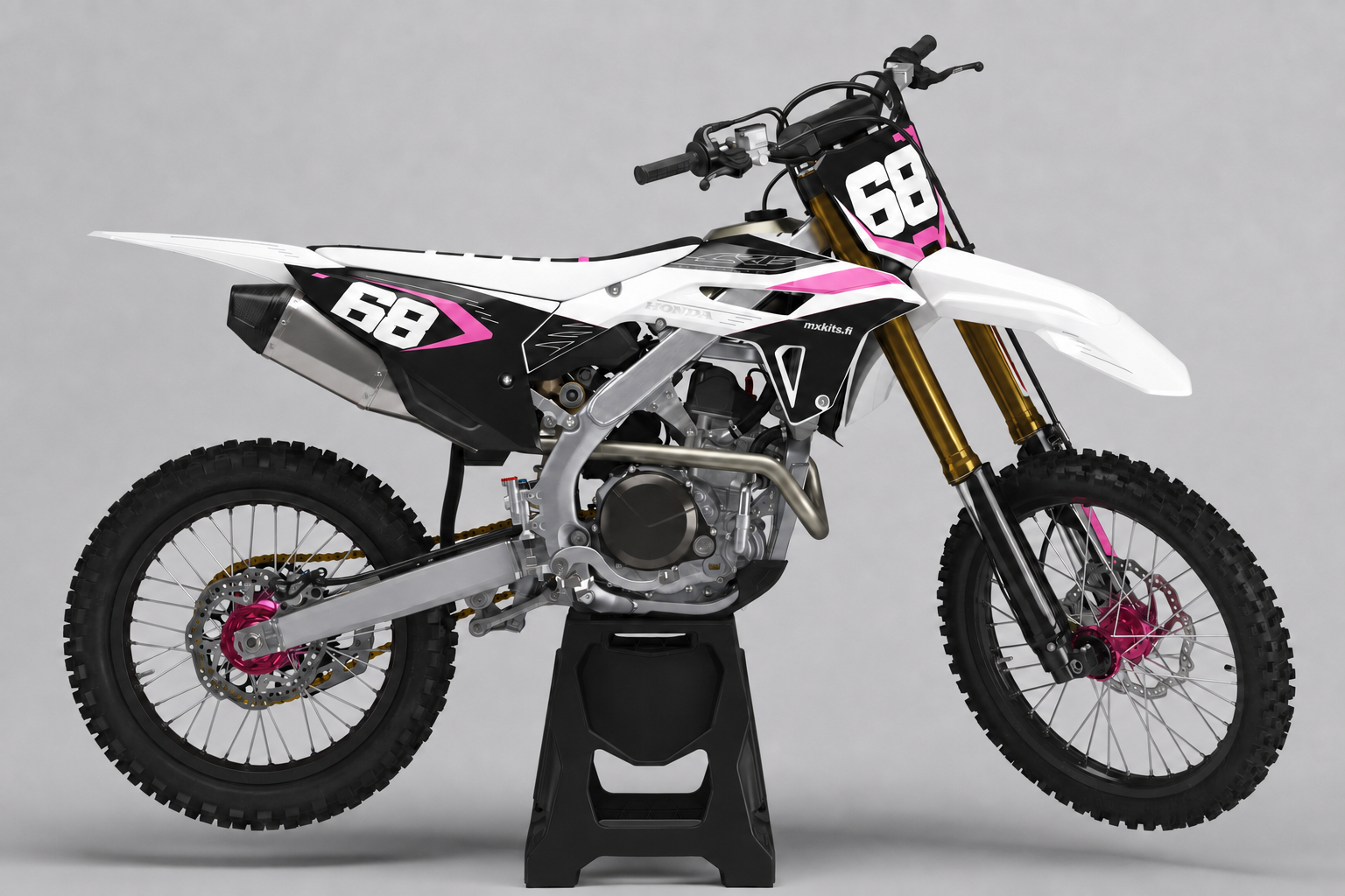 Honda Roosaportti valkoinen musta ja pinkki personoitava motocross-tarrasarja numerolla 68