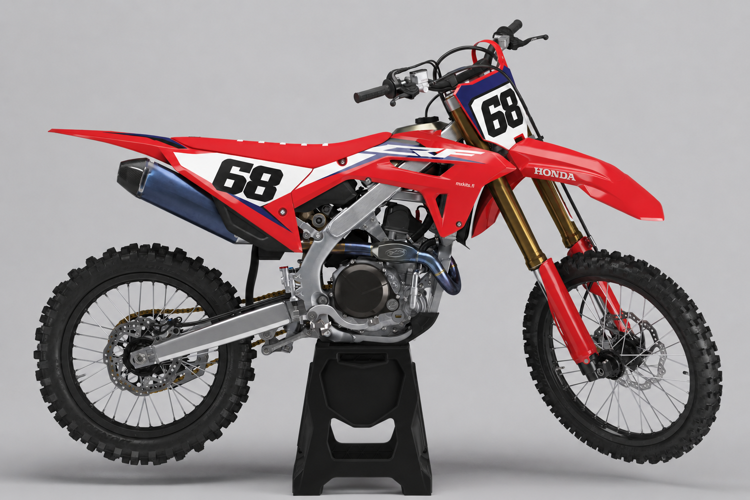 Honda Halkaisukiila punainen valkoinen ja tummansininen personoitava motocross-tarrasarja numerolla 68