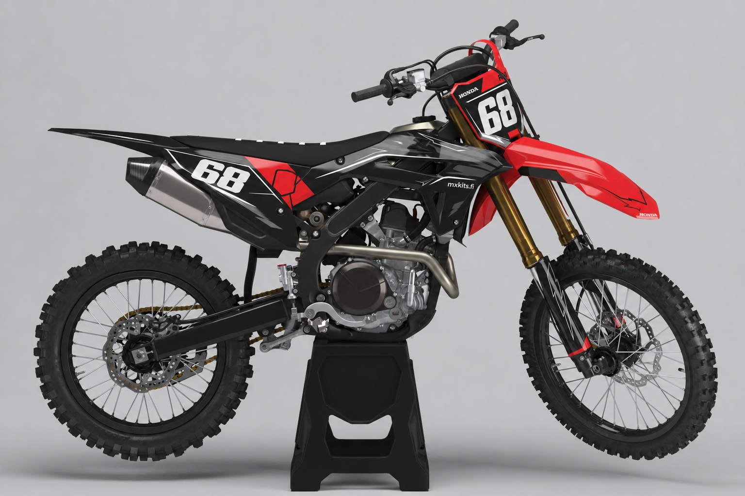Honda Punavarmenne punainen, musta, harmaa ja valkoinen motocross-tarrasarja numerolla 68