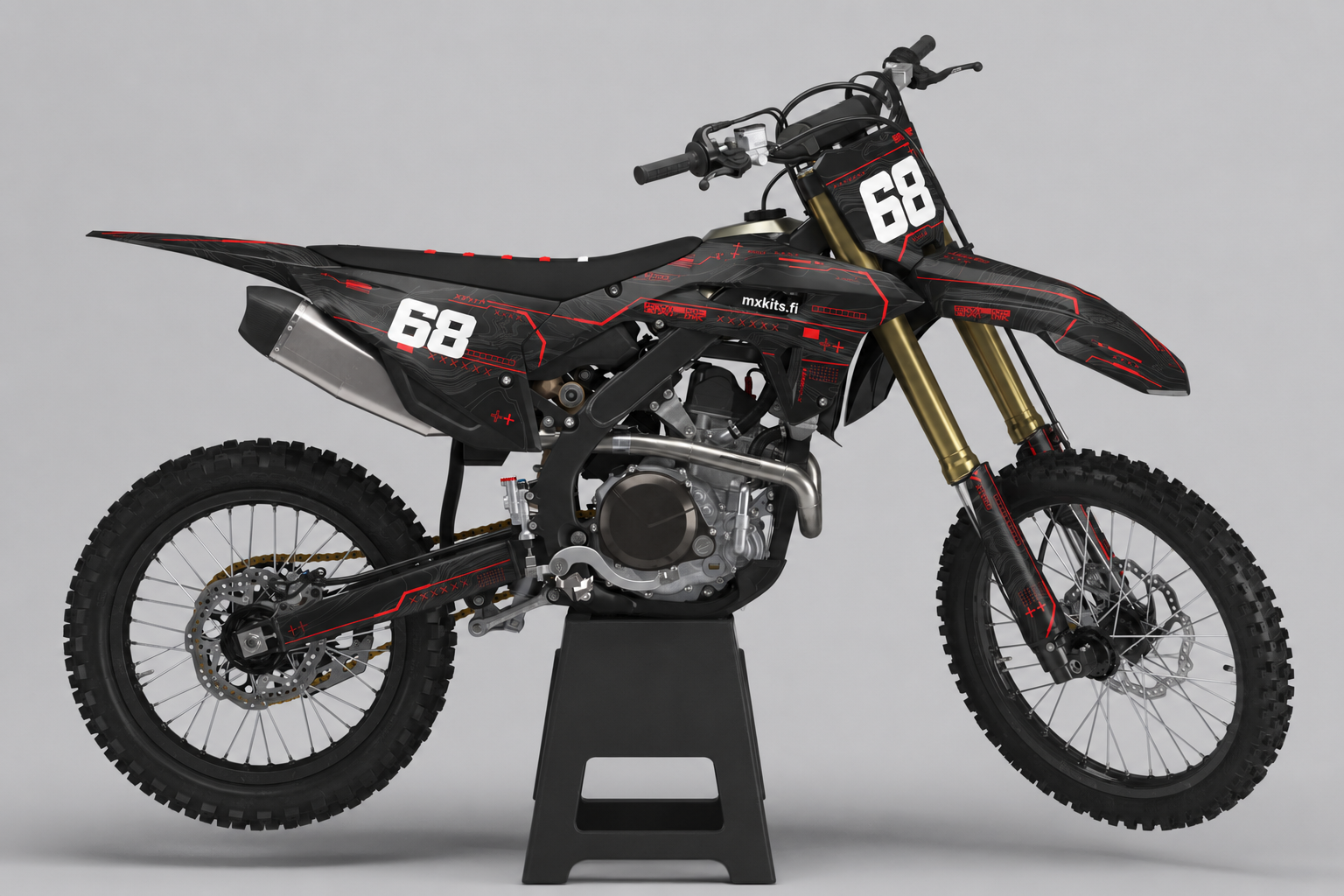 Honda Punamoduuli musta, tummanharmaa, punainen ja valkoinen motocross-tarrasarja numerolla 68
