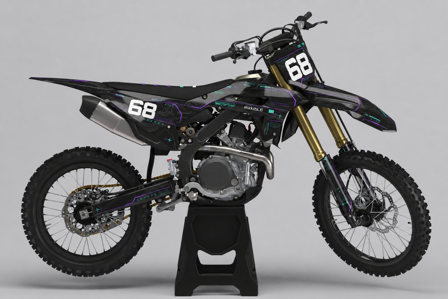 Honda Purppuramoduuli musta, purppura ja turkoosi personoitava motocross-tarrasarja numerolla 68