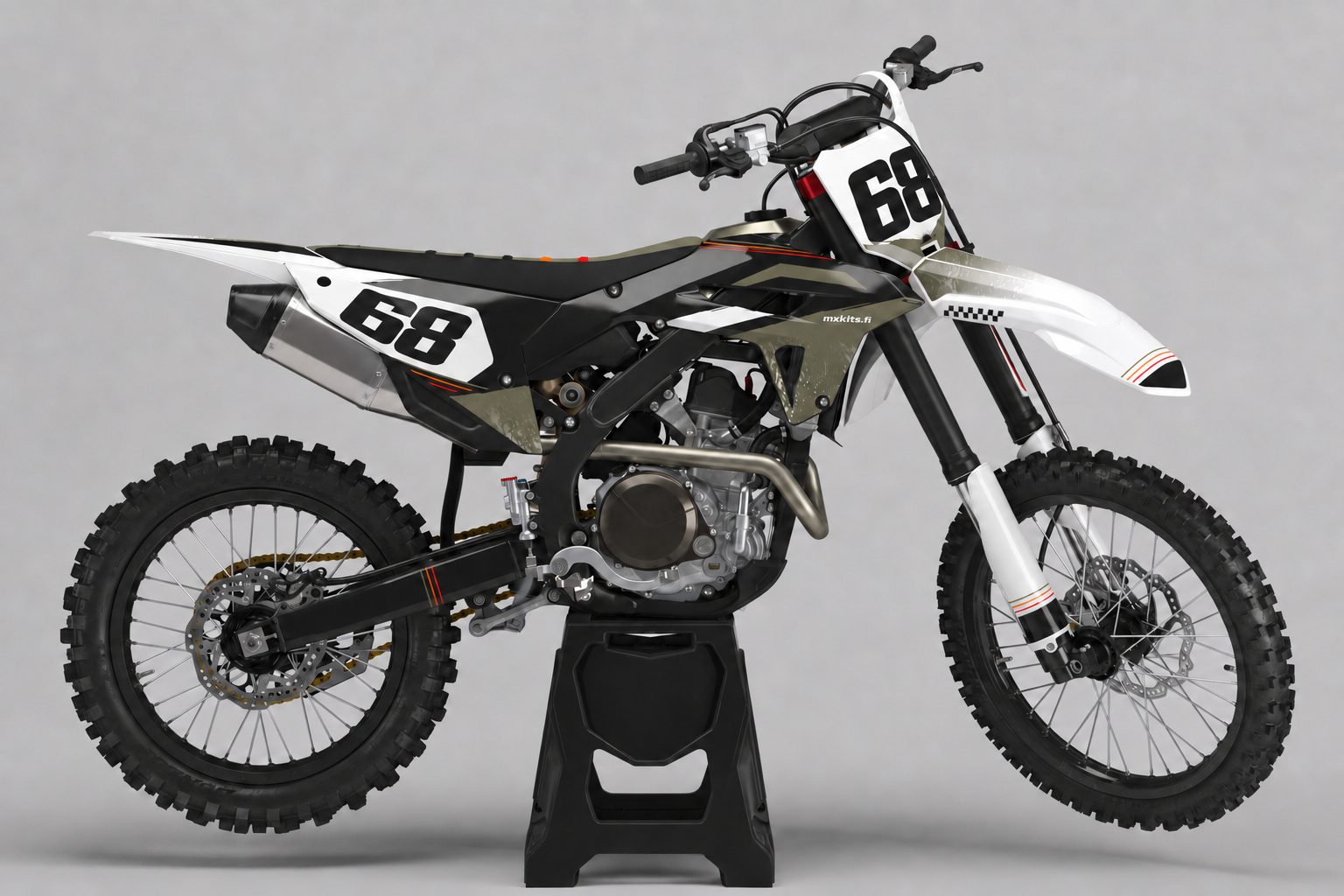 Honda Oliivijännite oliivinvihreä, musta ja valkoinen personoitava motocross-tarrasarja numerolla 68