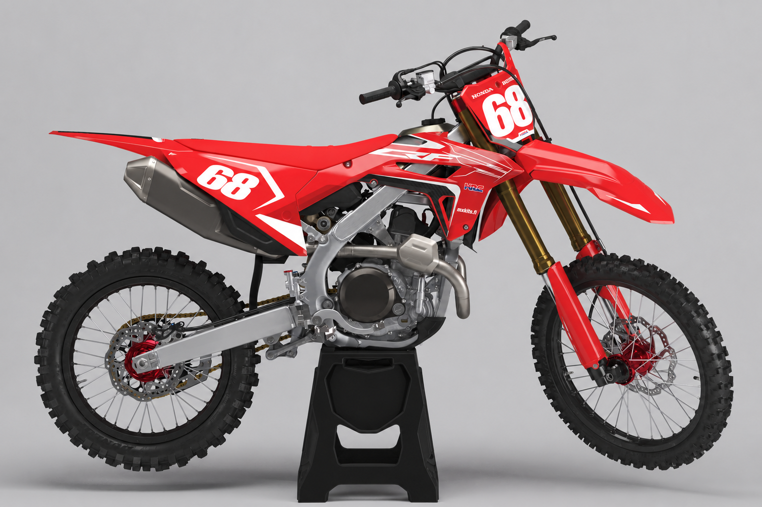 Honda Stadionisku punainen, valkoinen ja musta personoitava motocross-tarrasarja numerolla 68