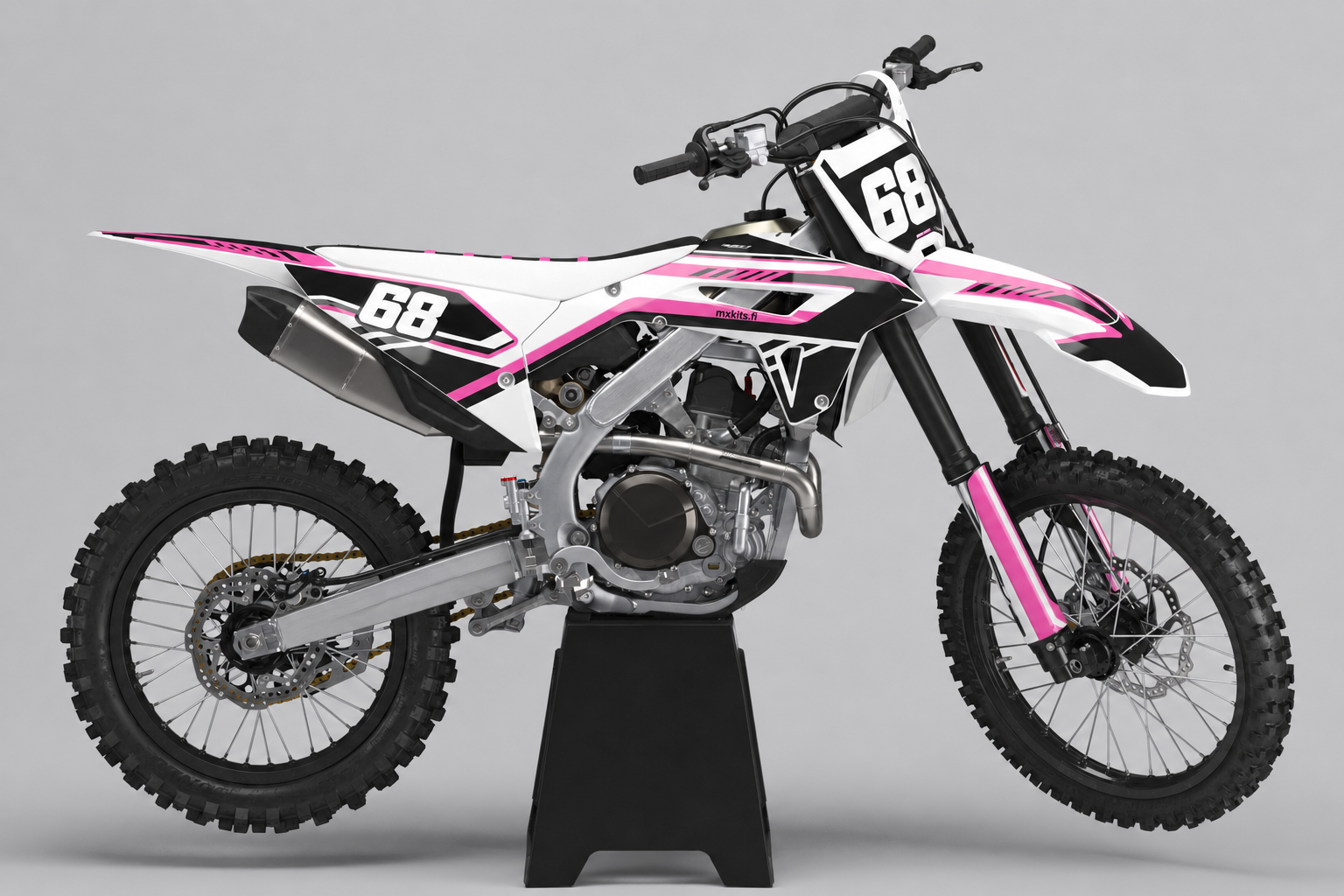 Honda Pinkki-impulssi valkoinen musta ja pinkki personoitava motocross-tarrasarja numerolla 68