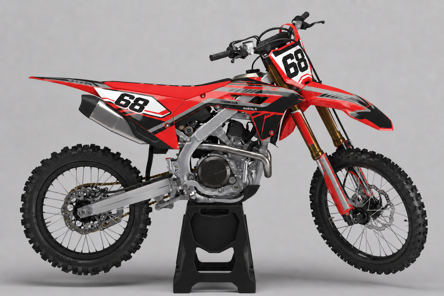 Honda Punaisku punainen valkoinen musta ja harmaa personoitava motocross-tarrasarja numerolla 68