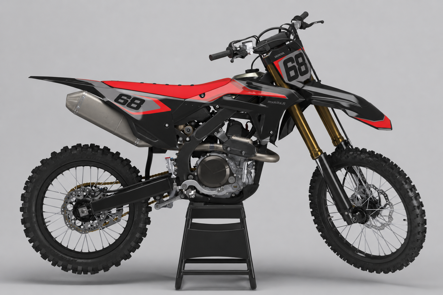 Honda Varjokaava musta tummanharmaa harmaa ja punainen personoitava motocross-tarrasarja numerolla 68
