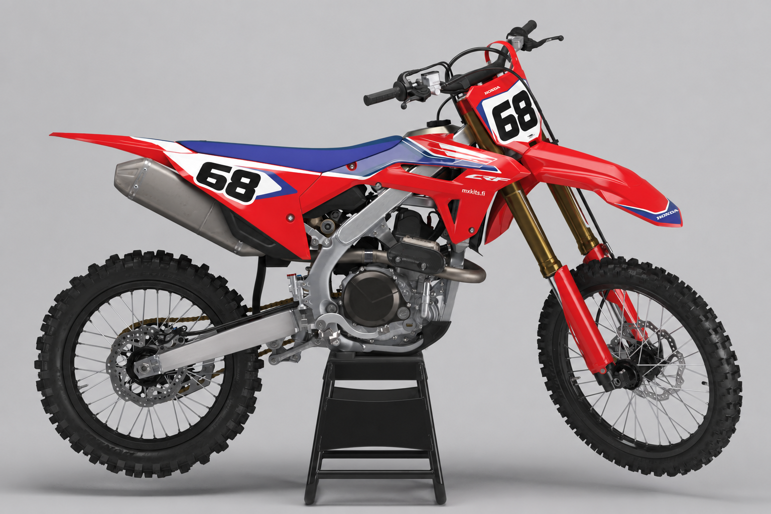 Honda Konseptisyke punainen valkoinen tummansininen ja vaaleanharmaa personoitava motocross-tarrasarja numerolla 68