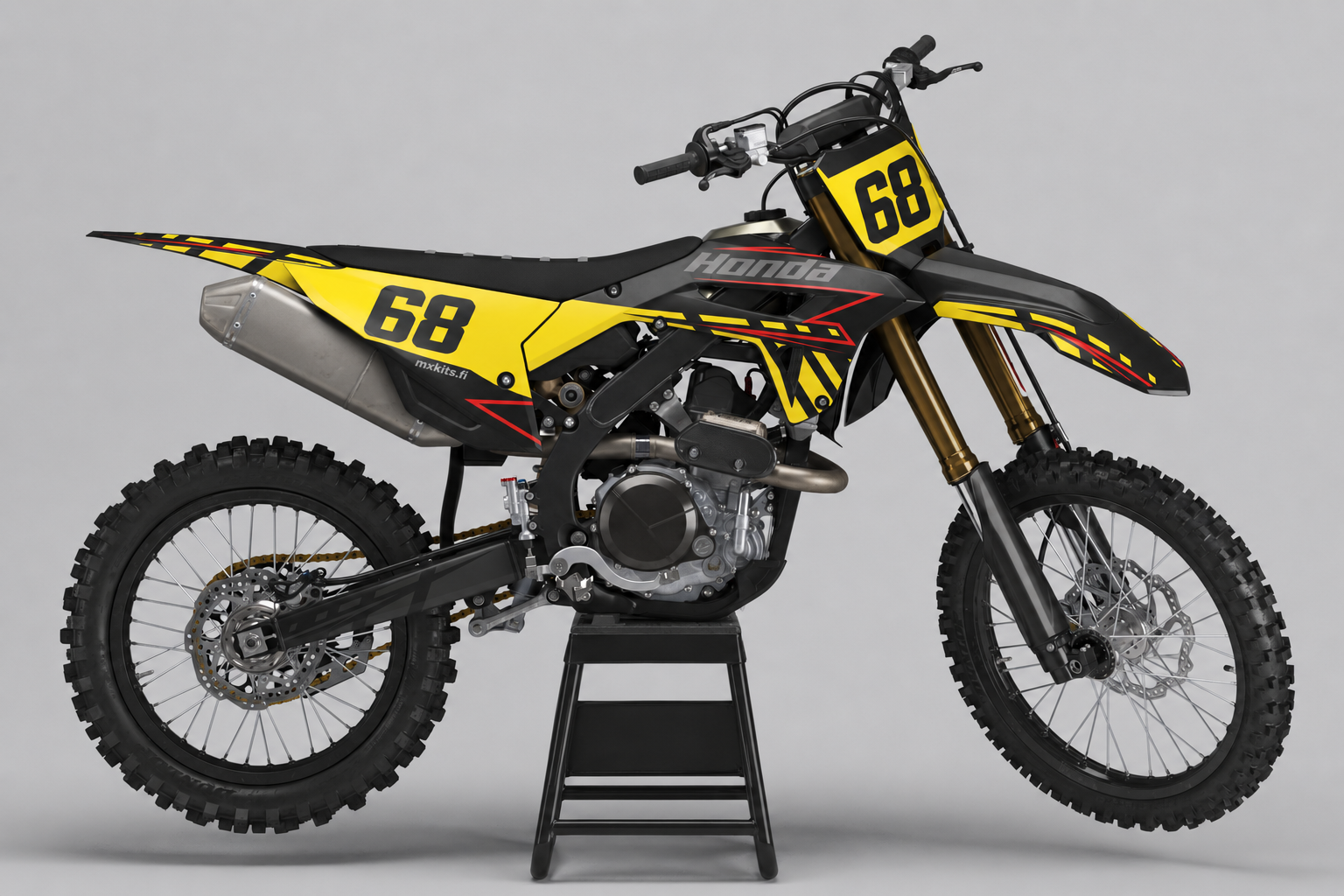 Honda Keltataonta musta, keltainen, punainen ja harmaa motocross-tarrasarja numerolla 68