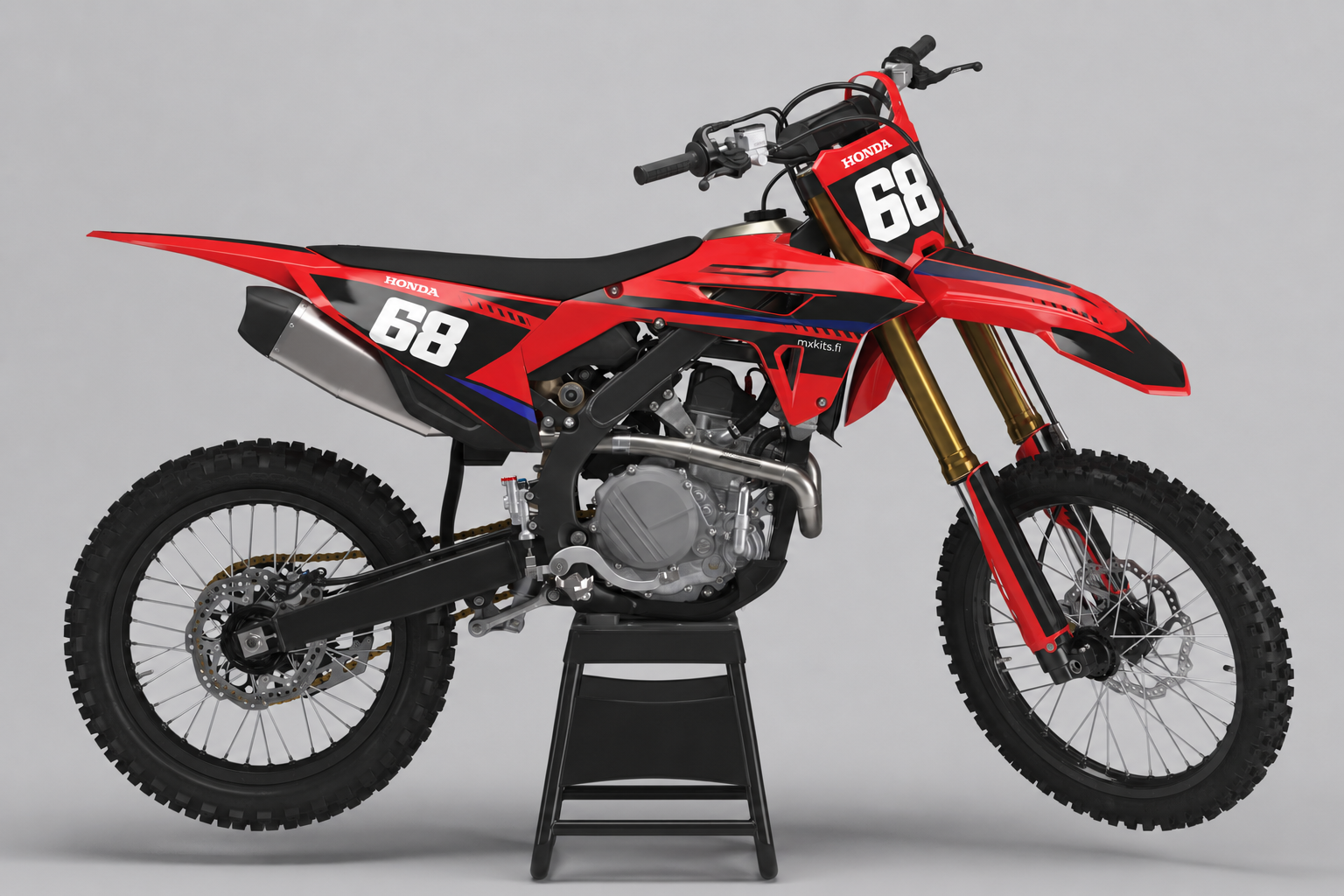 Honda Kisapulssi punainen, valkoinen ja musta motocross-tarrasarja numerolla 68