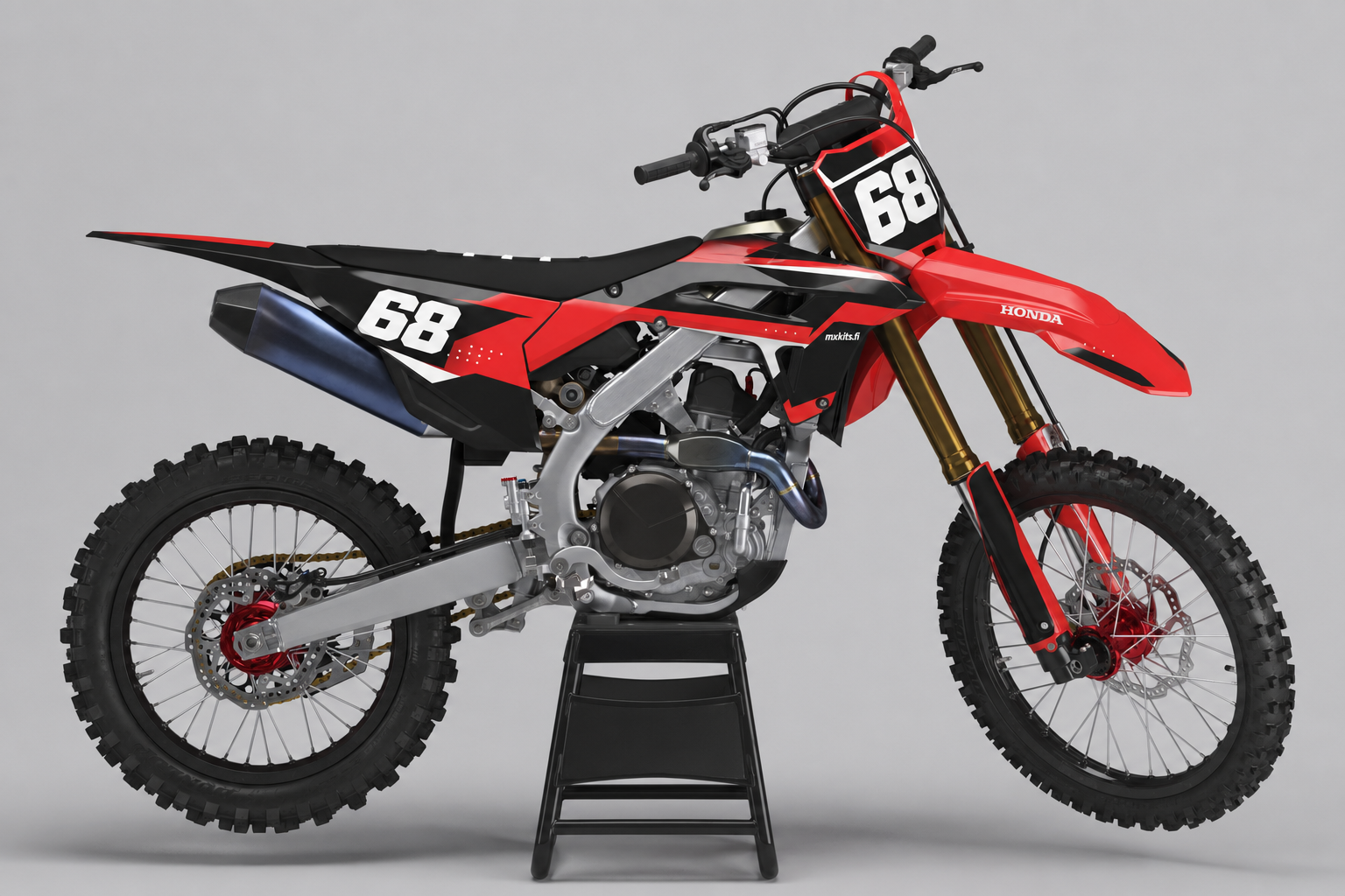 Honda Tehdasvire punainen, sininen, valkoinen ja musta motocross-tarrasarja numerolla 68