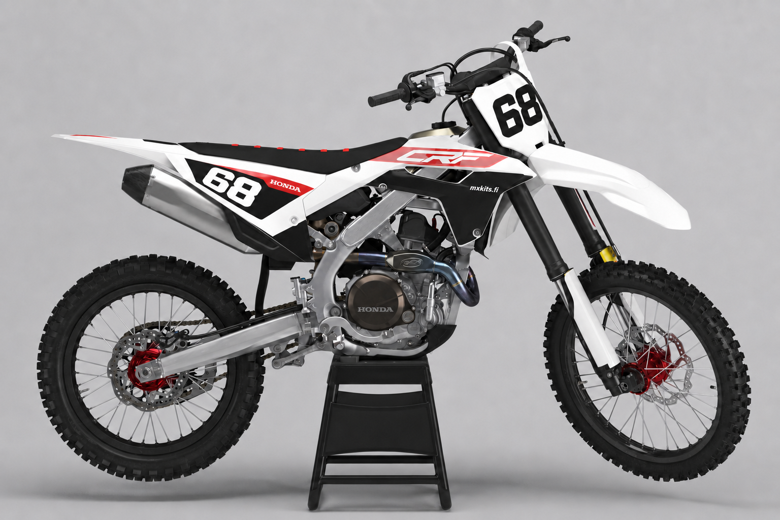 Honda Valkovaltikka valkoinen, musta ja punainen personoitava motocross-tarrasarja numerolla 68