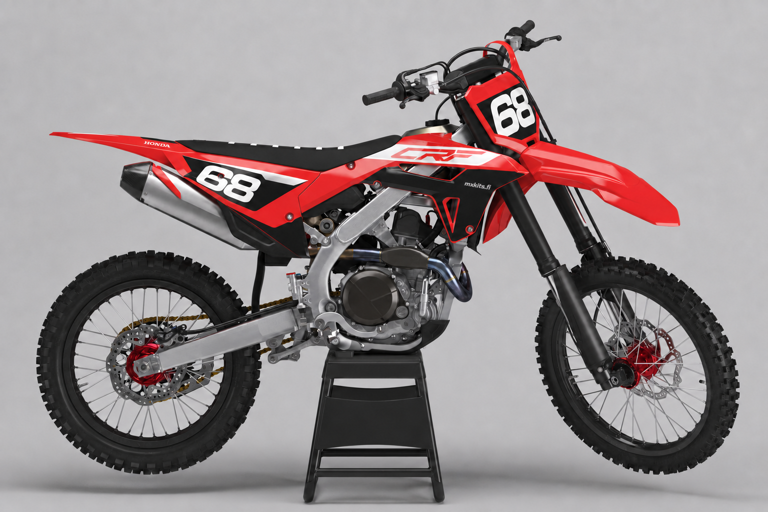 Honda Punavaltikka punainen, musta ja valkoinen personoitava motocross-tarrasarja numerolla 68
