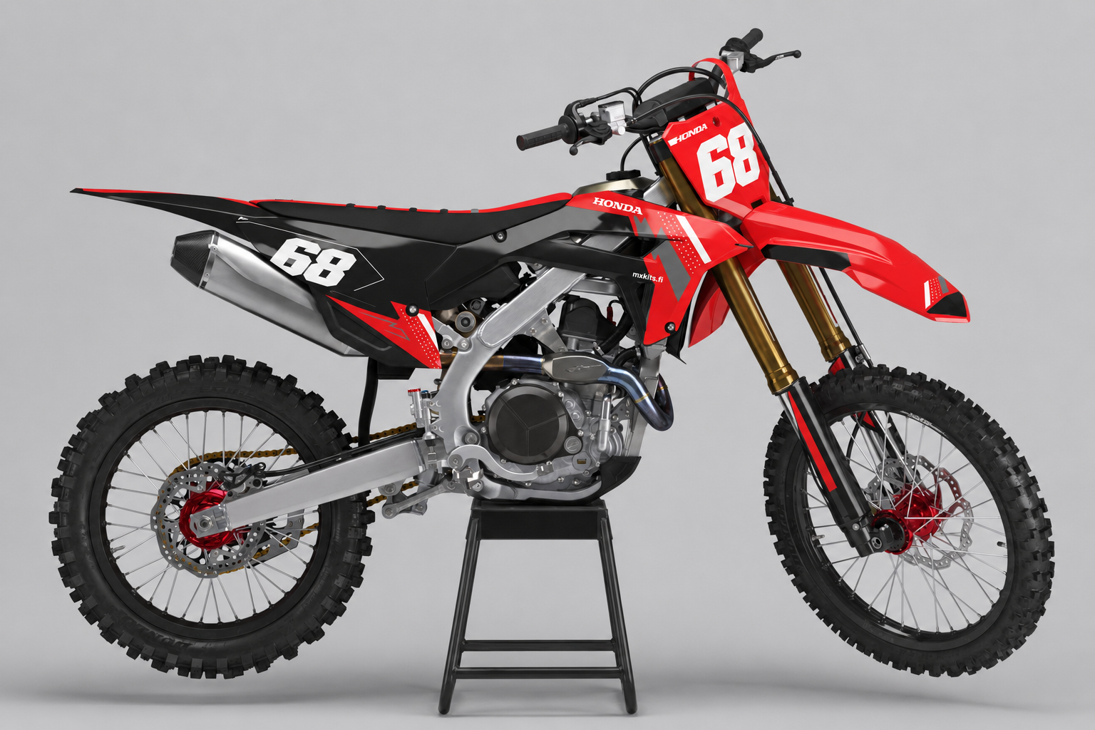 Honda Punalataus punainen, musta, valkoinen ja tummanharmaa personoitava motocross-tarrasarja numerolla 68