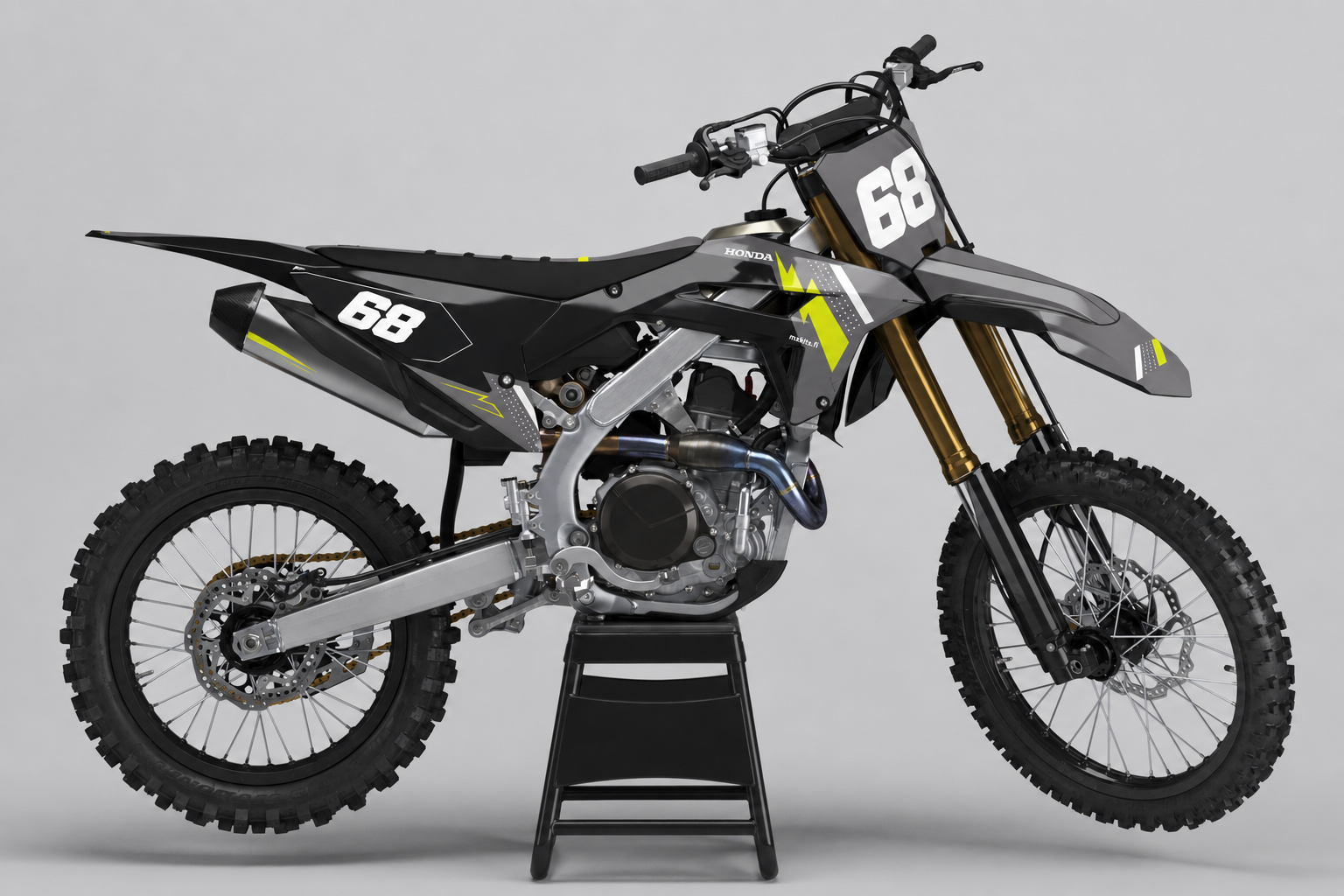 Honda Harmaalataus harmaa, musta, valkoinen ja neonkeltainen personoitava motocross-tarrasarja numerolla 68