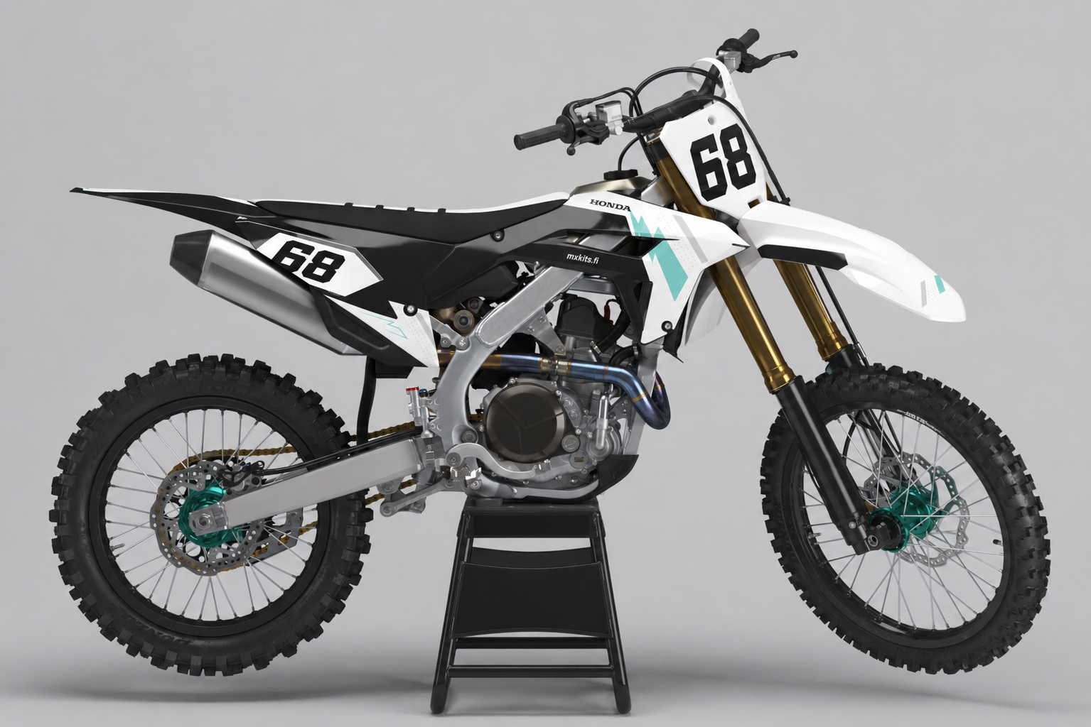 Honda Valkolataus valkoinen, musta, viileänharmaa ja turkoosi motocross-tarrasarja vaihdettavalla numerolla 68