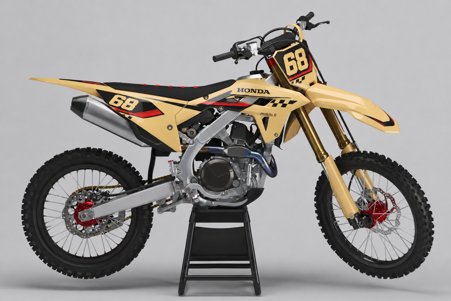 Honda Hiekkatandem hiekanbeige, musta, keskiharmaa ja punainen motocross-tarrasarja vaihdettavalla numerolla 68