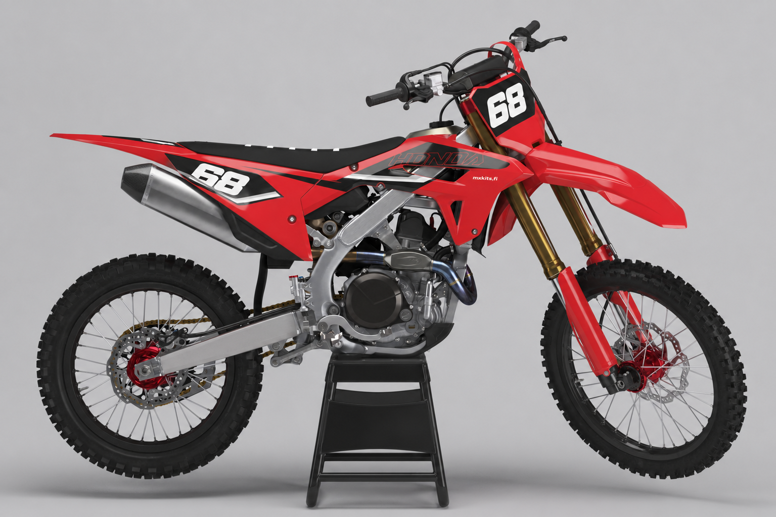 Honda Tandemsyke kirkkaanpunainen, musta, keskiharmaa ja valkoinen motocross-tarrasarja vaihdettavalla numerolla 68