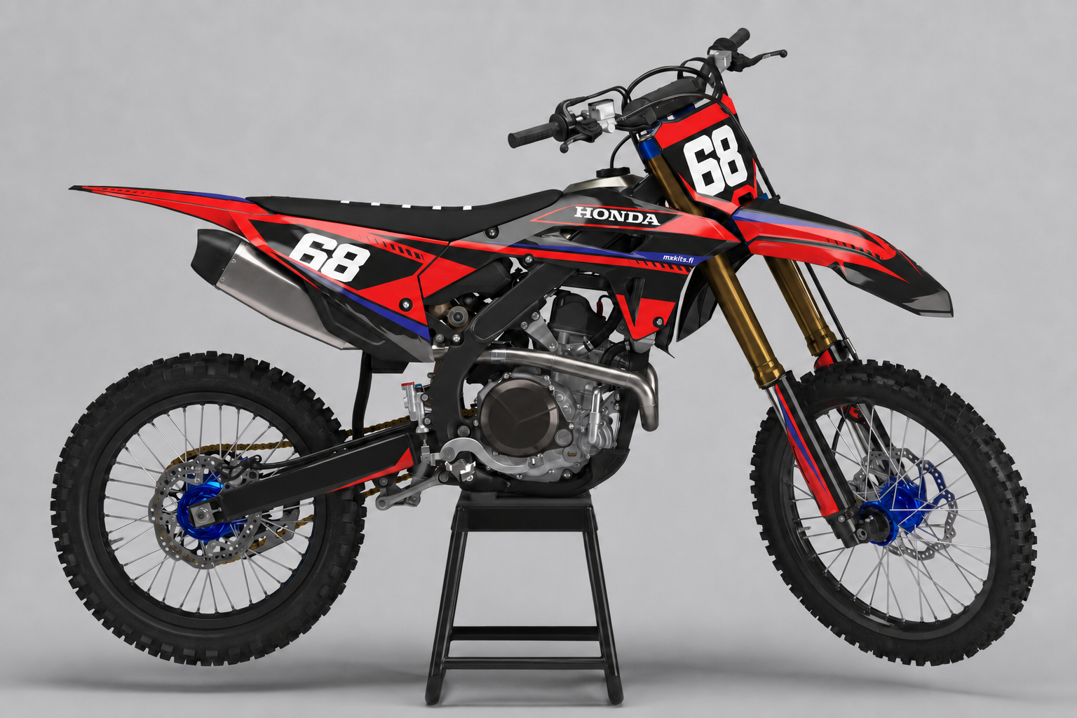 Honda Kilparaita kirkkaanpunainen, musta, harmaa, valkoinen ja tummansinivioletti motocross-tarrasarja numerolla 68