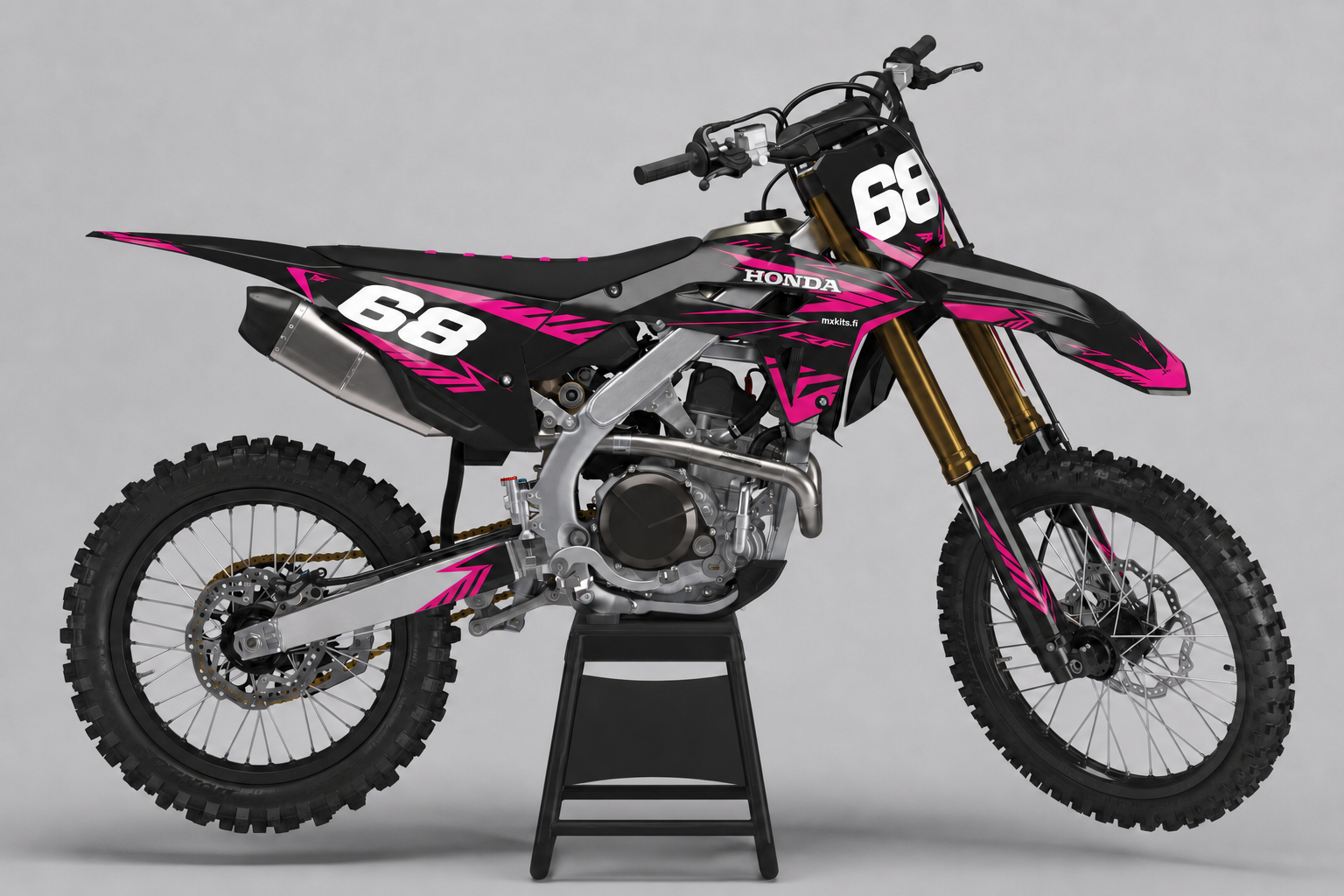Honda Pinkkineon musta, tummanharmaa, metallinhopea, neonpinkki ja valkoinen motocross-tarrasarja numerolla 68