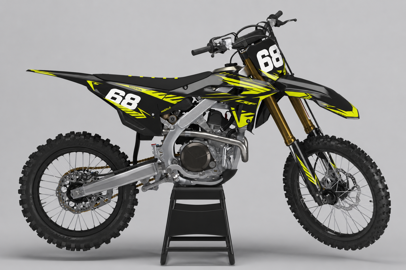 Honda Neonvirta fluoresoiva neonkeltainen, musta, tummanharmaa ja metallinharmaa personoitava motocross-tarrasarja numerolla 68