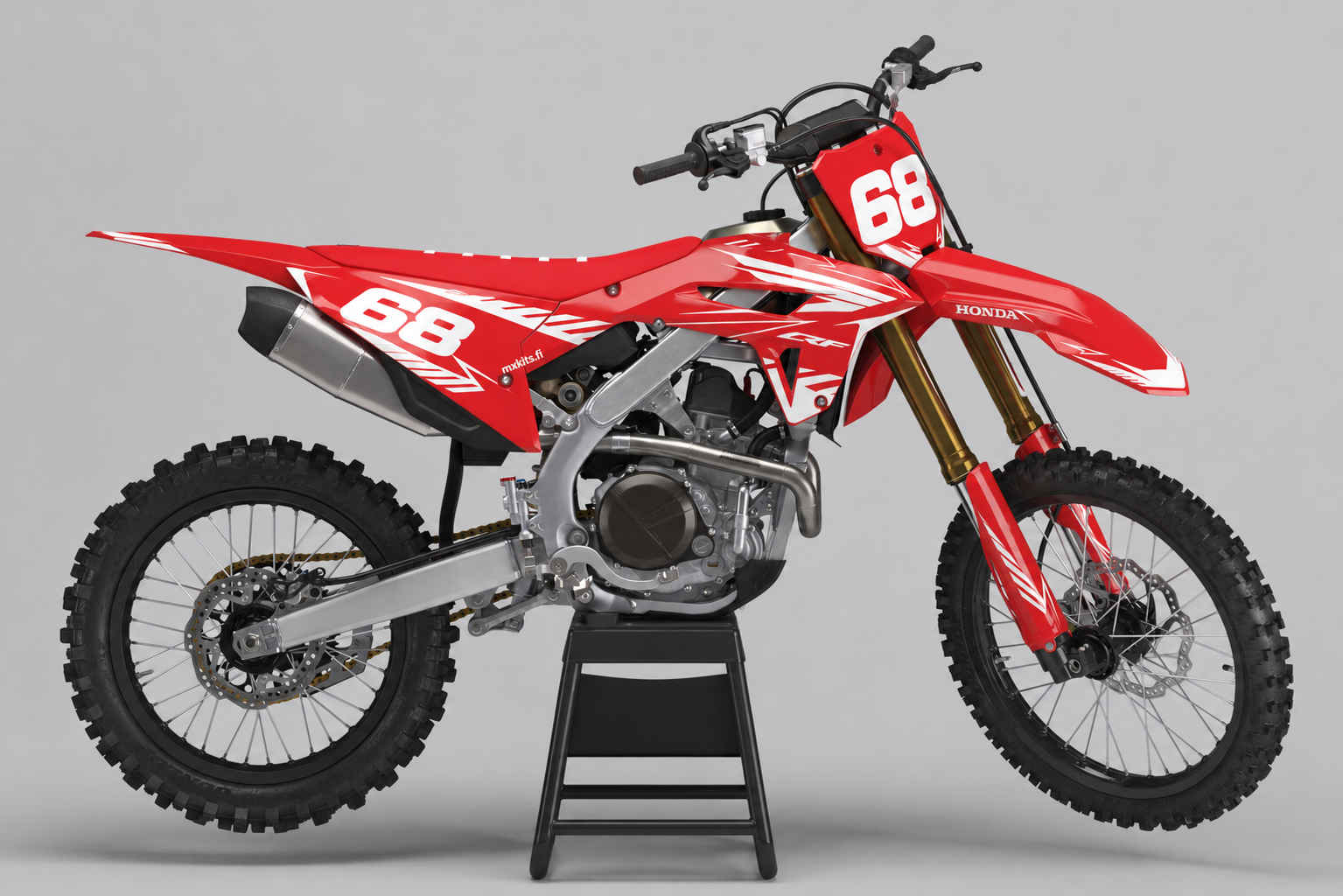 Honda Punaneon kirkas Honda-punainen, valkoinen, musta ja metallinharmaa personoitava motocross-tarrasarja numerolla 68