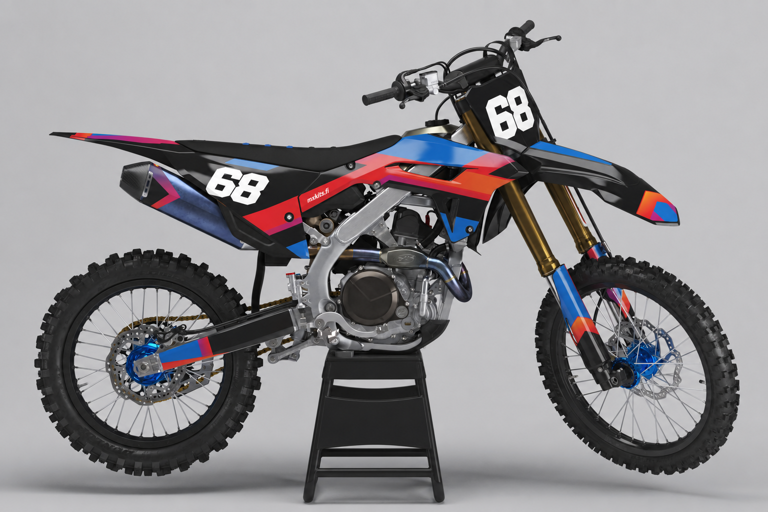 Honda Spektrihaastaja musta, sininen, punaoranssi, pinkki ja purppura personoitava motocross-tarrasarja numerolla 68