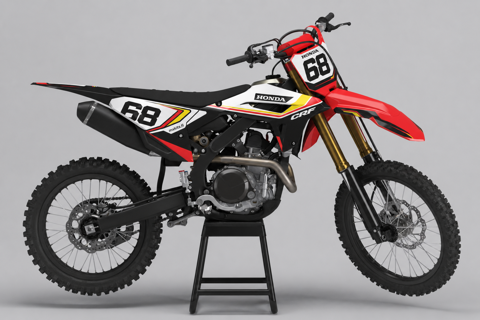 Honda Ruudukkoralli punainen, valkoinen, musta ja keltainen personoitava motocross-tarrasarja numerolla 68