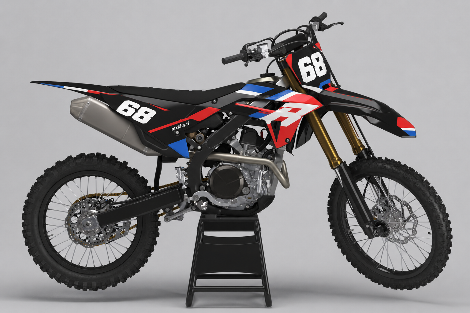 Honda Alppiraja musta, punainen, valkoinen ja sininen personoitava motocross-tarrasarja numerolla 68