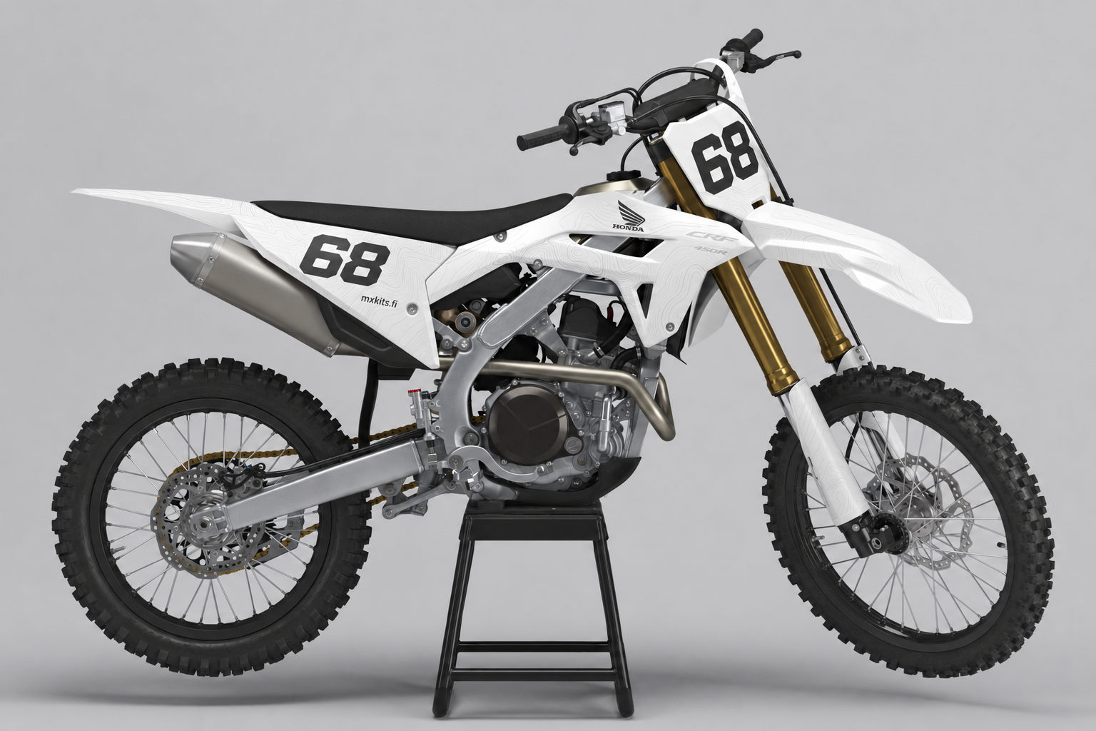 Honda Valkogeometria valkoinen, vaaleanharmaa ja musta personoitava motocross-tarrasarja topografisella kuviolla ja numerolla 68