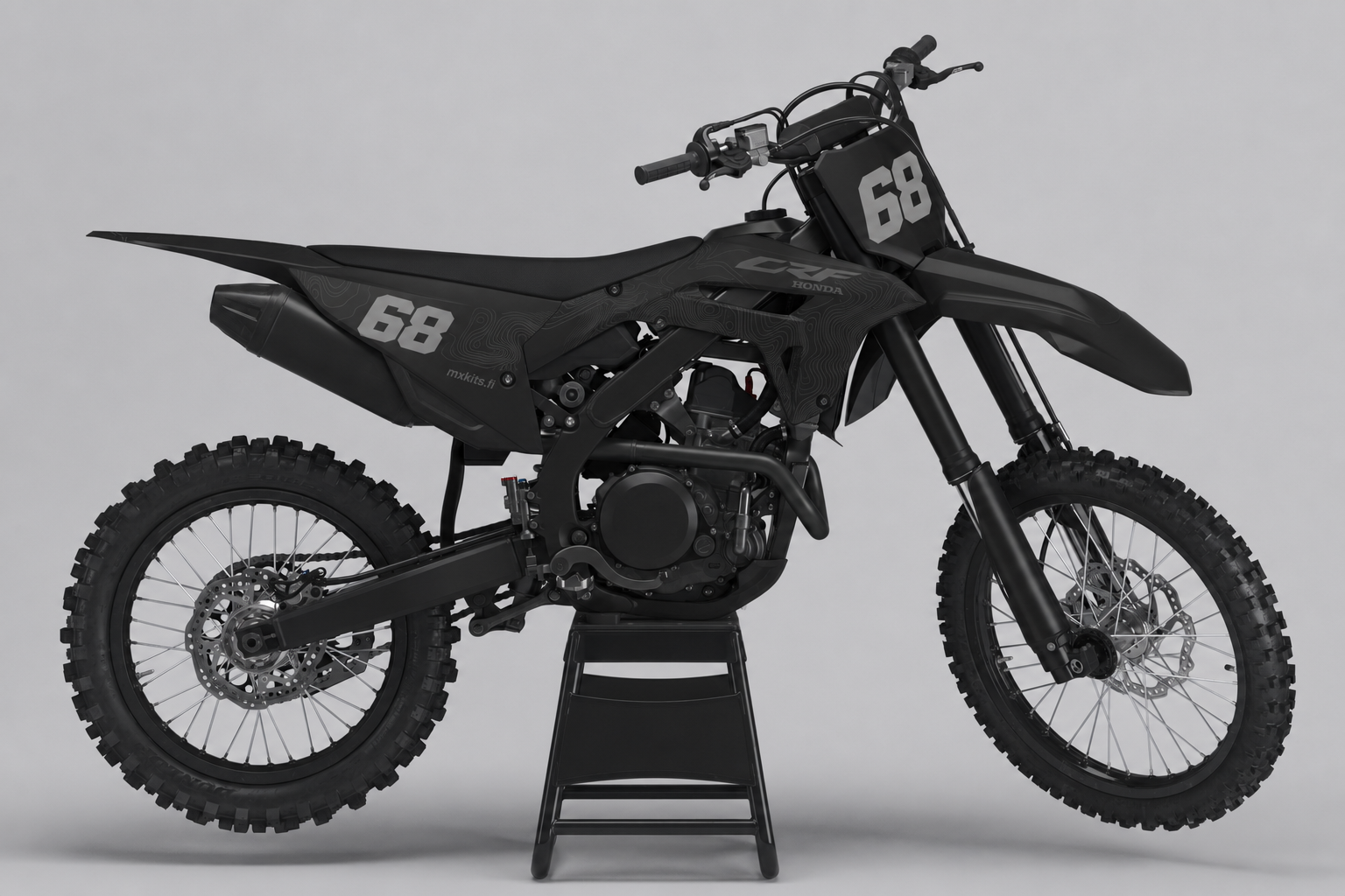 Honda Harmaageometria hiilenmusta, grafiitinharmaa, keskiharmaa ja vaaleanharmaa personoitava motocross-tarrasarja numerolla 68