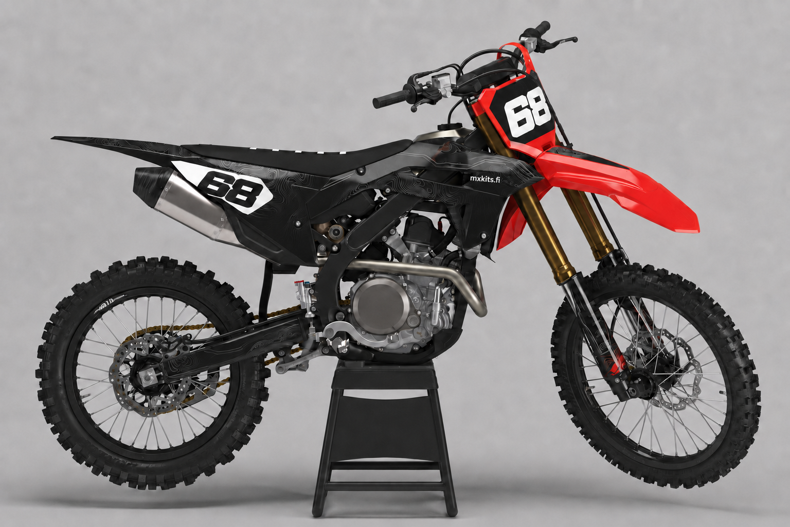 Honda Punageometria hiilenmusta, grafiitinharmaa, keskiharmaa ja kirkkaanpunainen personoitava motocross-tarrasarja numerolla 68