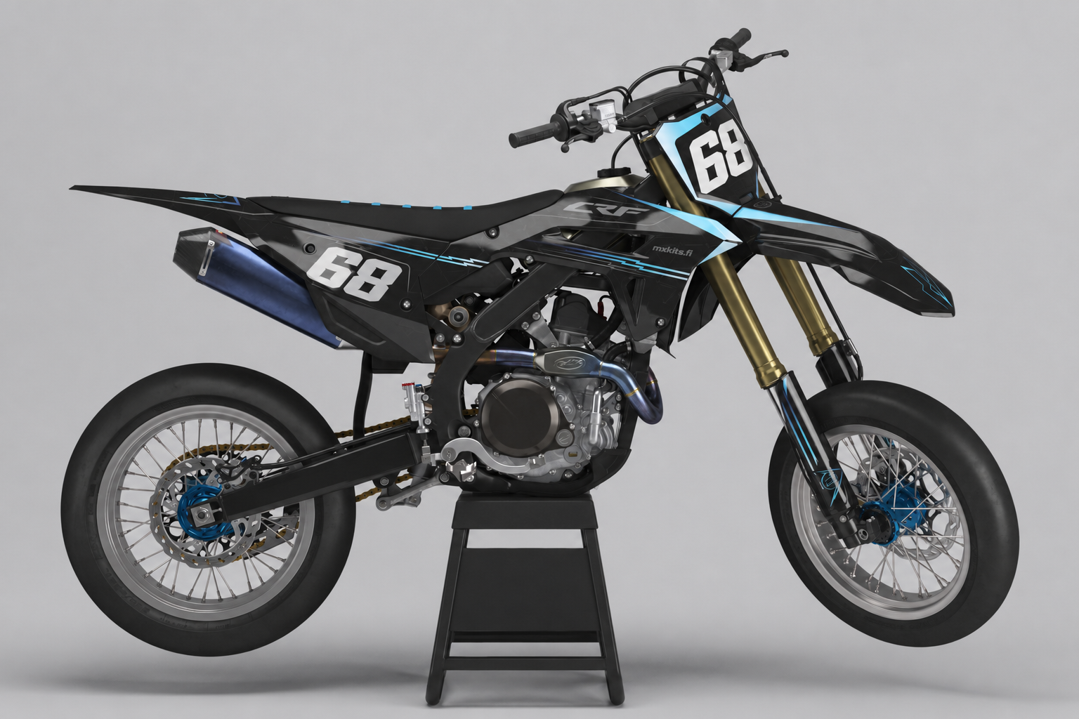 Honda Jääsalama musta, tummanharmaa ja jäisen syaaninsininen personoitava motocross-tarrasarja numerolla 68