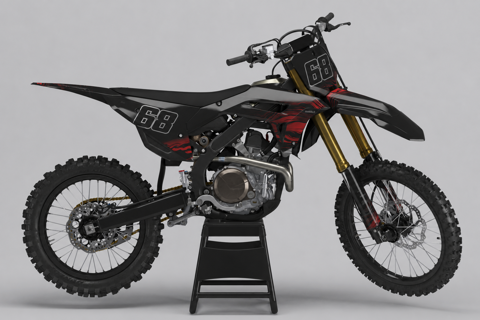 Honda Burgundivarjo musta, grafiitinharmaa, syvän burgundinpunainen ja punainen personoitava motocross-tarrasarja topografisilla aaltoviivoilla ja numerolla 68