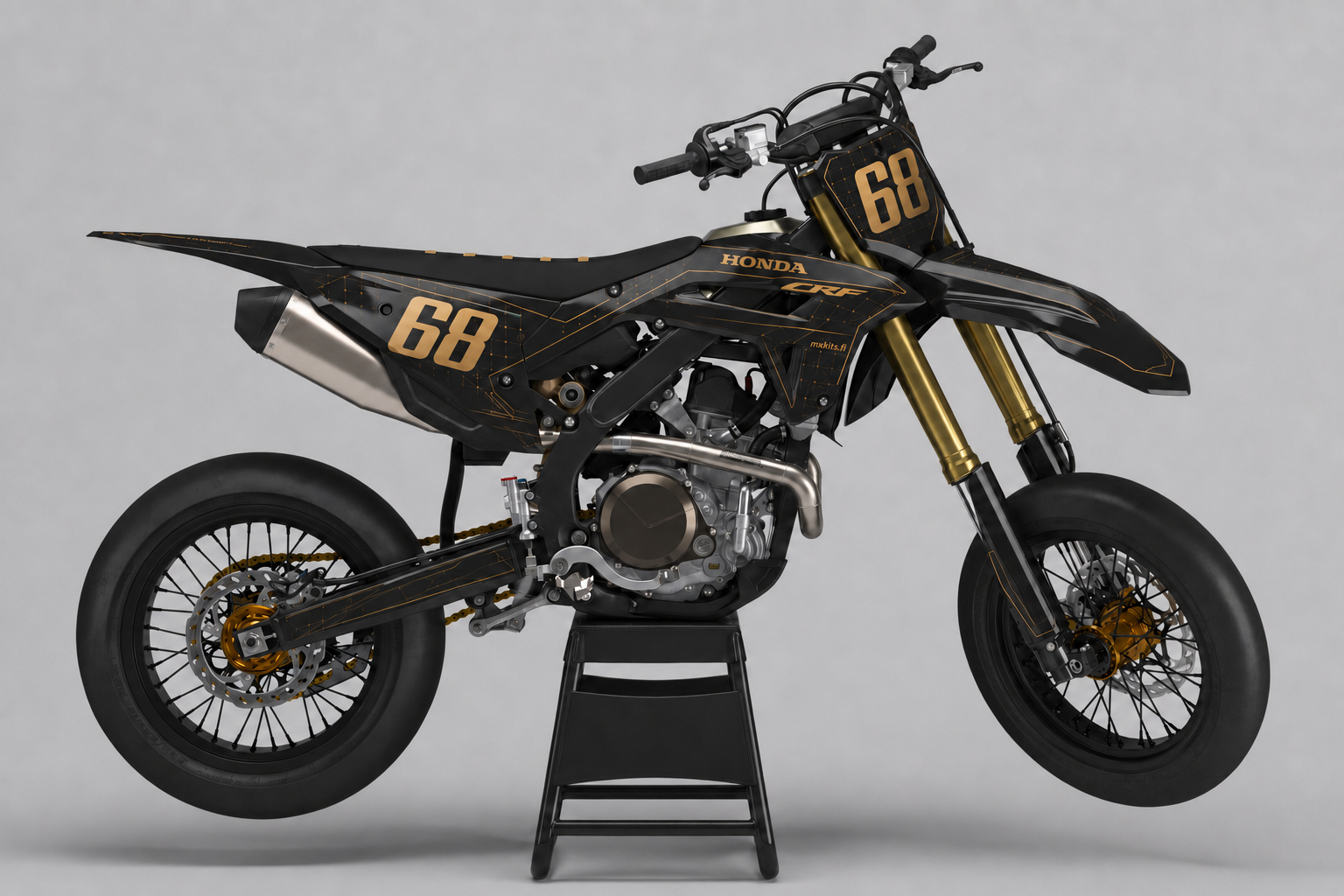 Honda Pronssiteoreema musta, hiilenharmaa, hillityn kultainen ja pronssinen personoitava motocross-tarrasarja numerolla 68