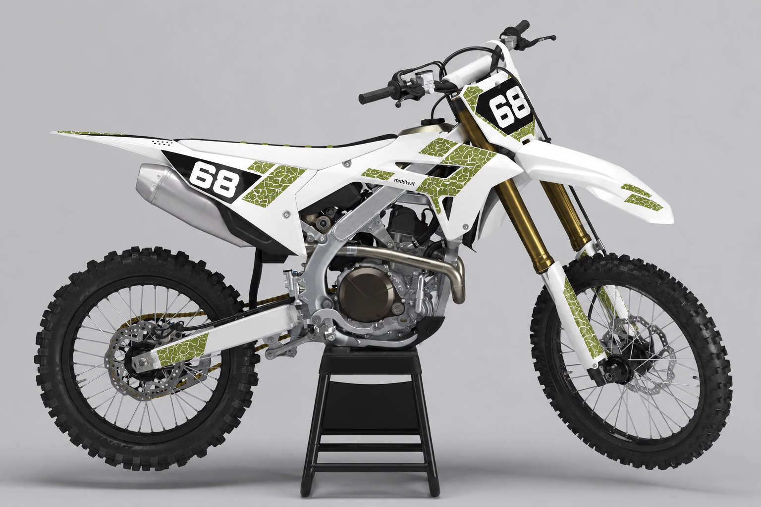 Honda Oliivieroosio valkoinen, oliivinvihreä ja musta personoitava motocross-tarrasarja halkeillulla kuviolla ja numerolla 68