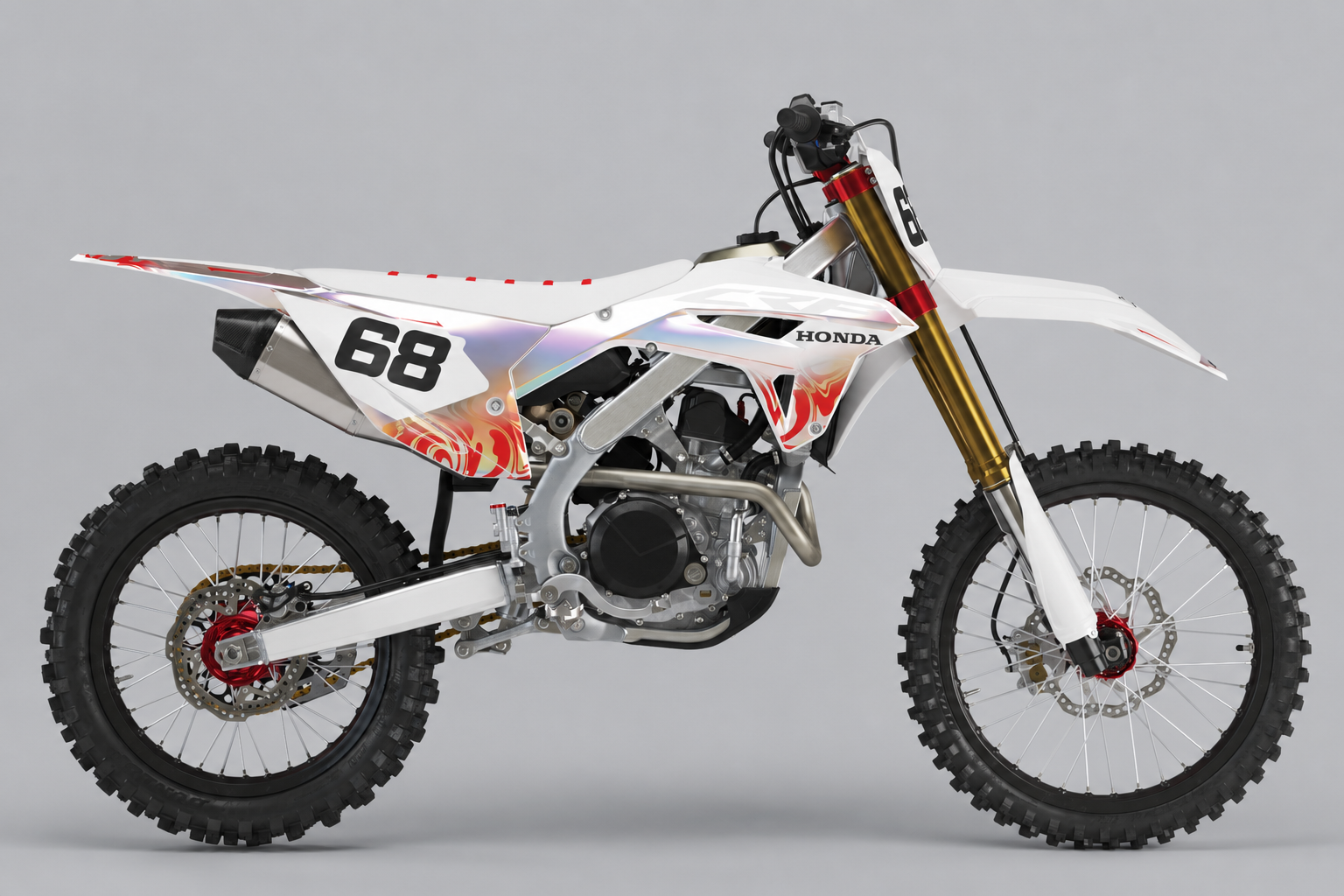 Honda Helmisumu personoitava motocross-tarrasarja, valkoinen helmiäissävyinen sponsoriton grafiikka ja esimerkkiluku 68