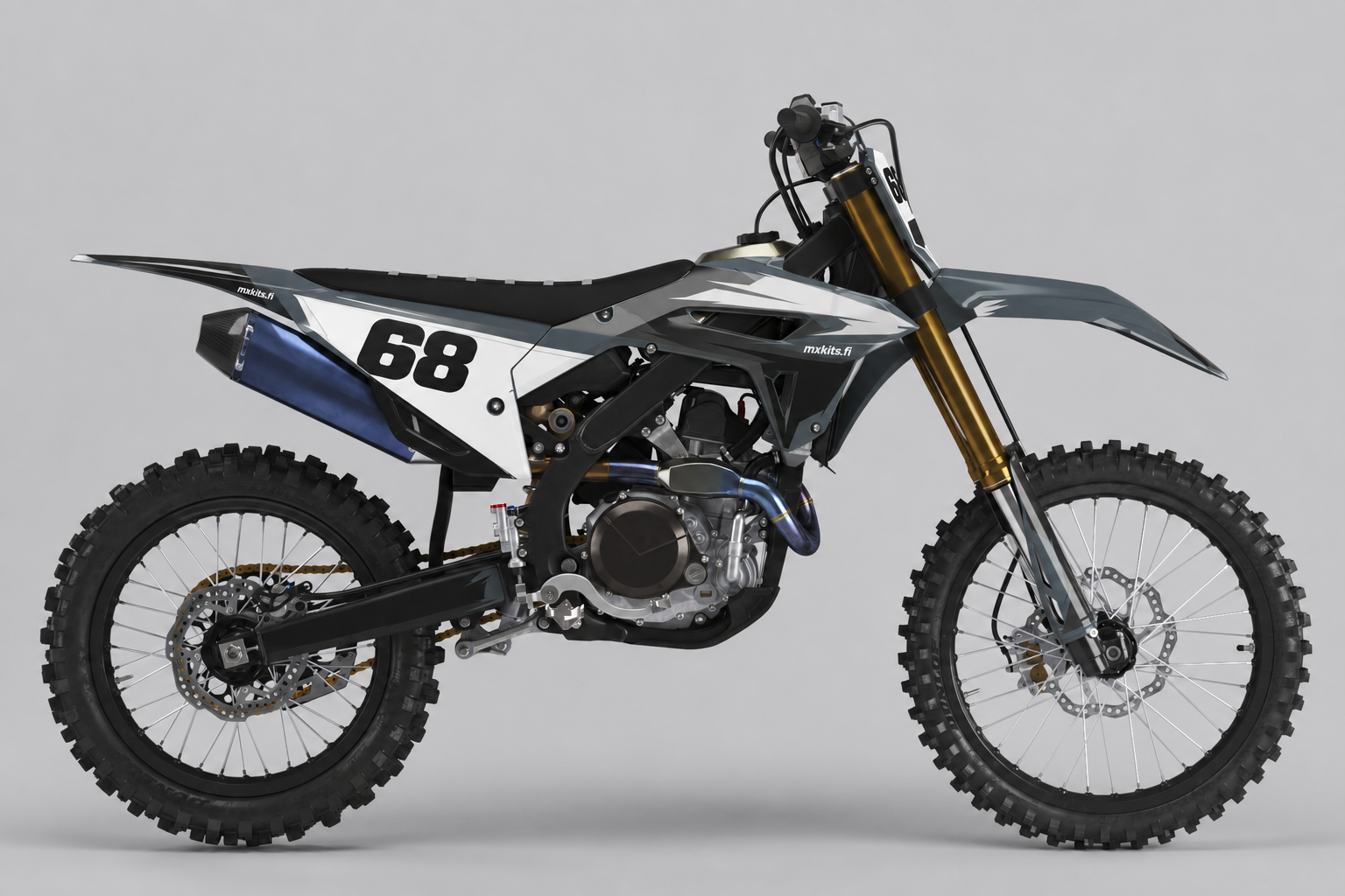 Honda Hiiliaalto sponsoriton harmaa, musta ja valkoinen motocross-tarrasarja numerolla 68 sivukuvassa
