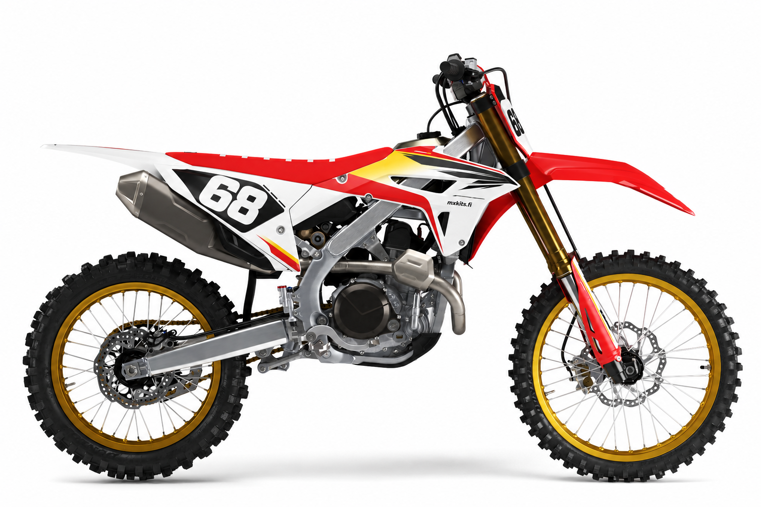 Valkoinen, punainen ja kultainen Honda CRF Huippuhetki -motocross-tarrasarja numerolla 68