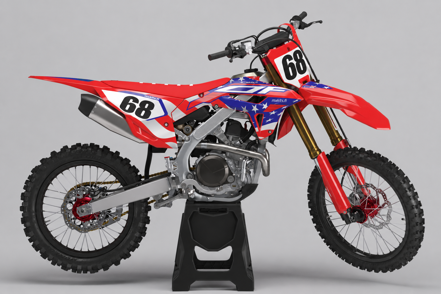 Honda Kansanhehku motocross-tarrasarja numerolla 68, punainen sininen ja valkoinen tähtikuvio