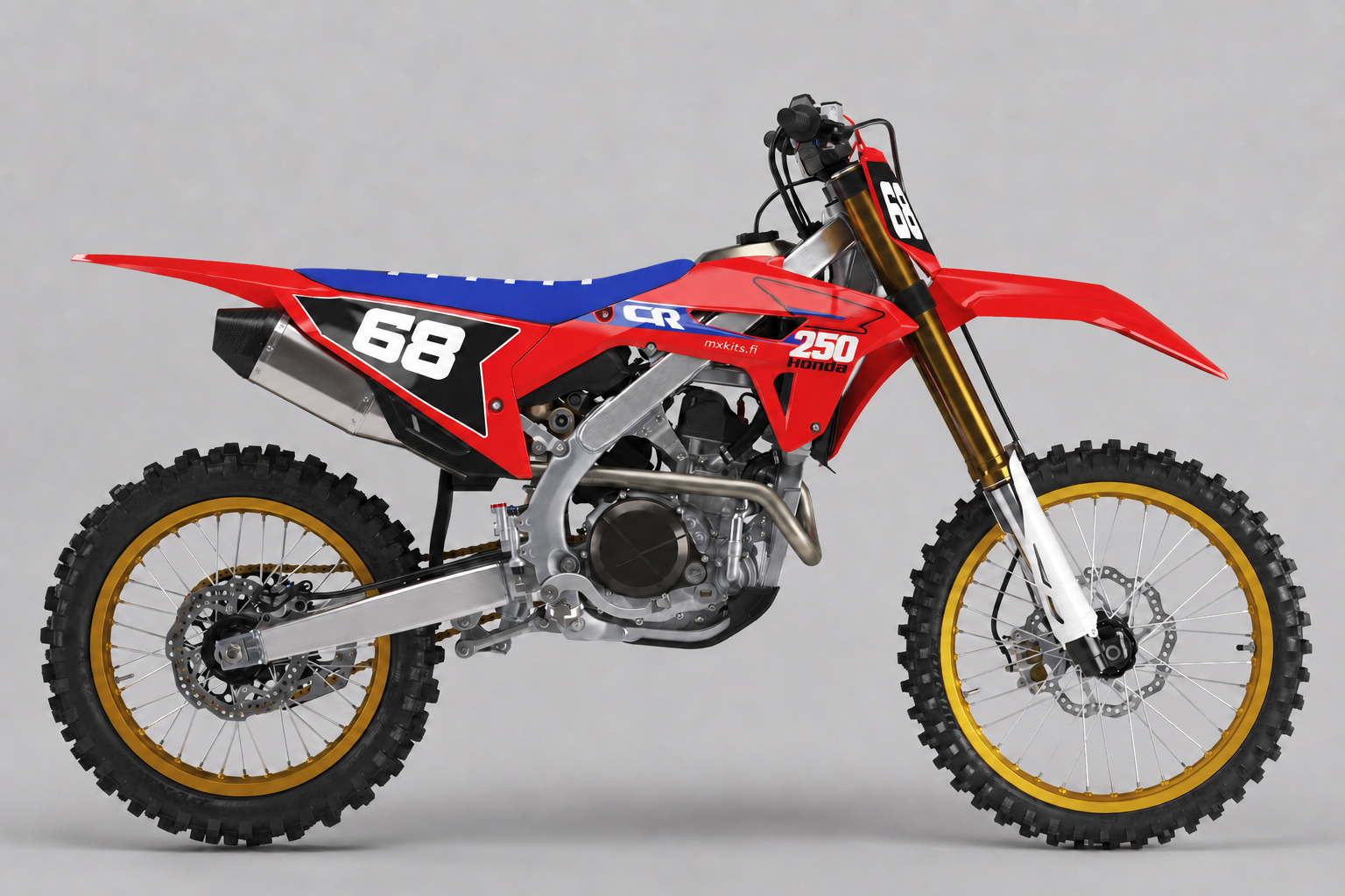 Retrohenkinen punasininen Honda CRF Kasarikaiku tarrasarja numerolla 68 ja kultaisilla vanteilla