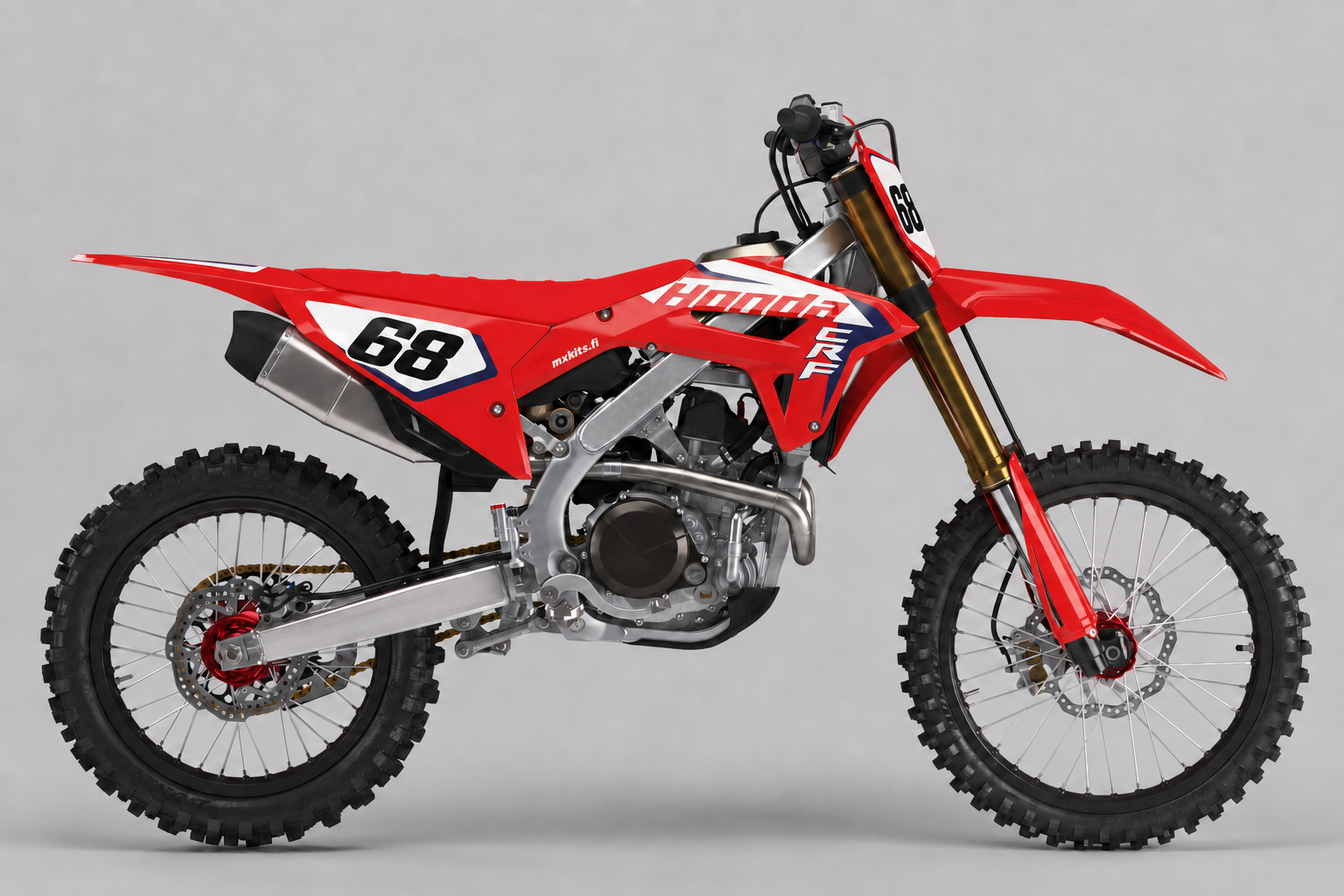 Punainen Honda CRF Kilpaverstaan Sykäys motocross-grafiikkasarja numerolla 68 sivukuvassa