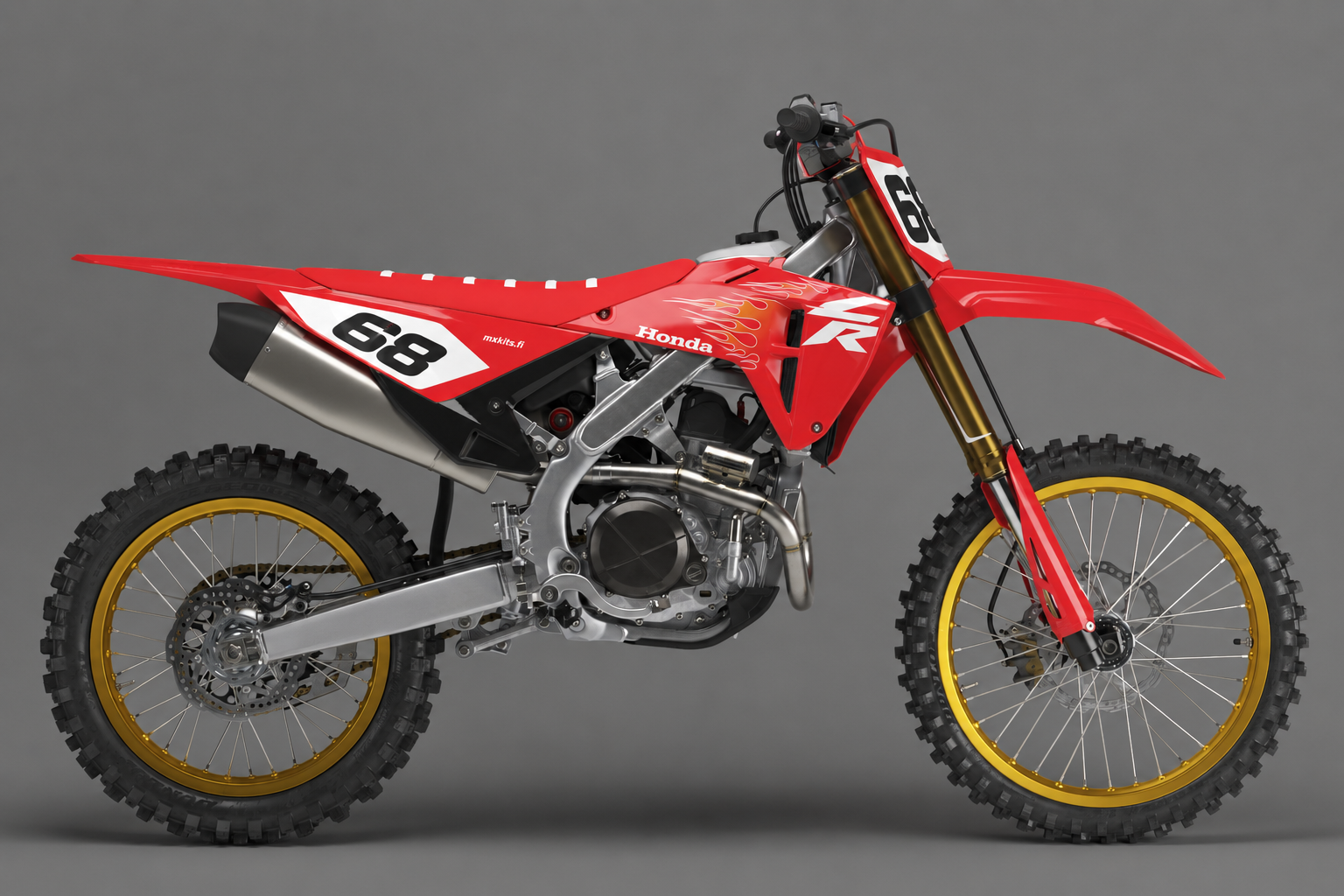 Honda Kultaroihu personoitava motocross-tarrasarja, punainen, valkoinen ja kultainen sponsoriton grafiikka sekä esimerkkiluku 68