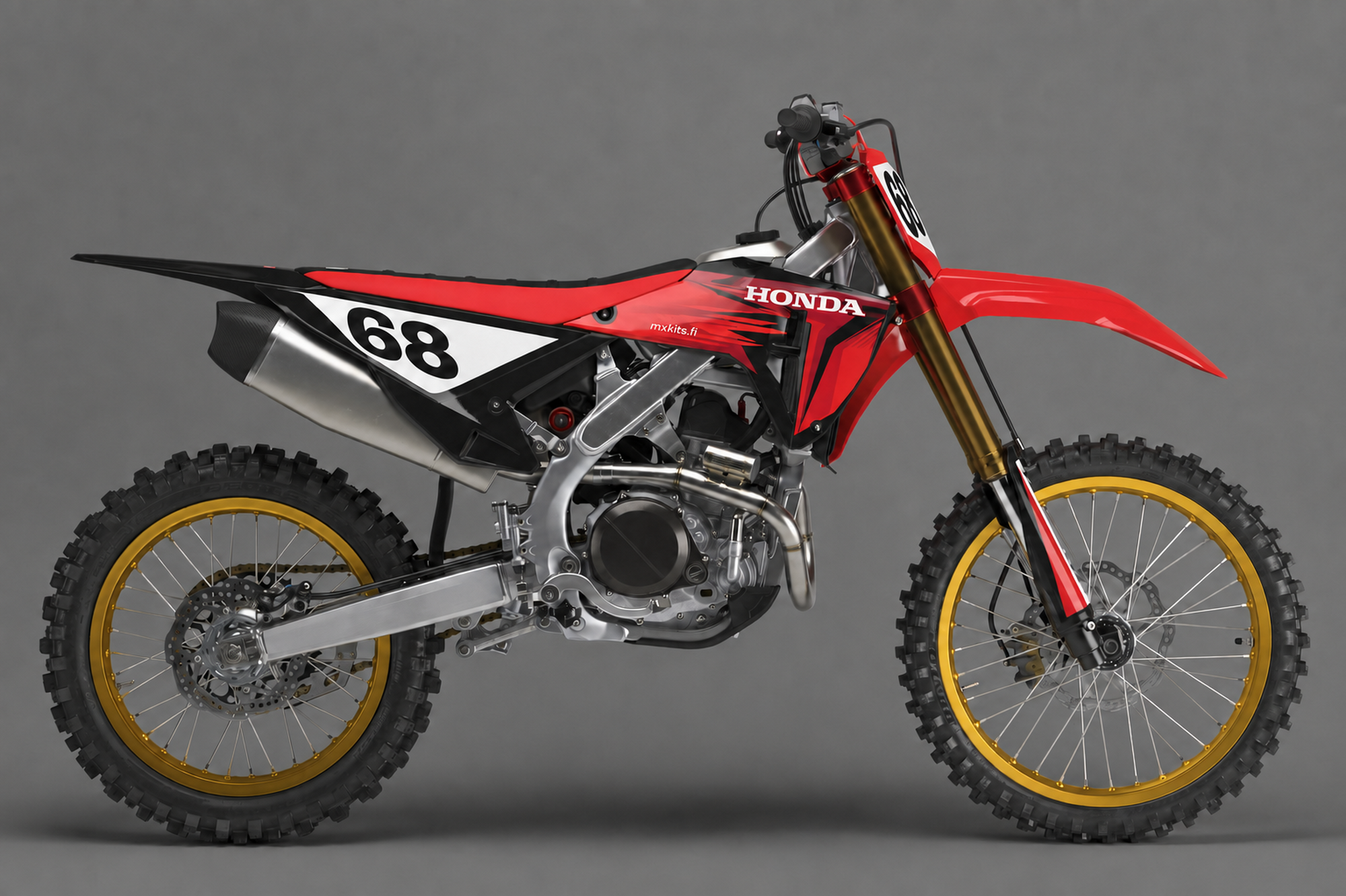 Punainen, musta ja hopeanharmaa Honda-motocrosspyörä Overcast Murdered -grafiikalla, kultaiset vanteet, numero 68, HONDA ja mxkits.fi.
