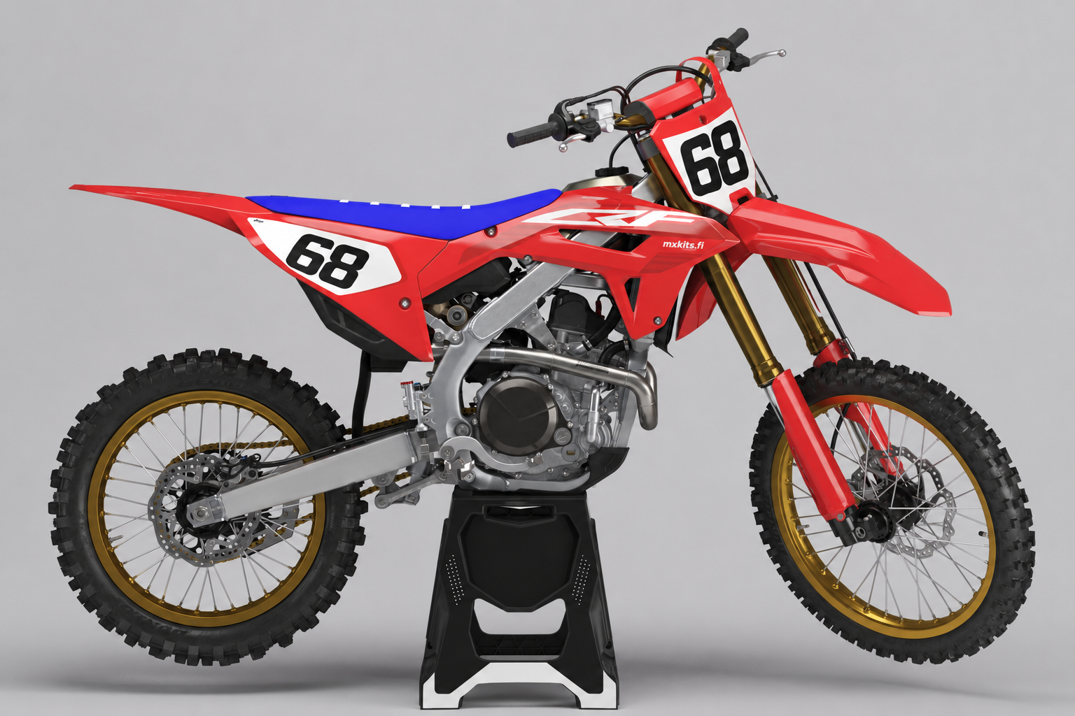 Honda Perintölinja motocross-tarrasarja sivukuvassa numerolla 68, punainen, valkoinen ja musta