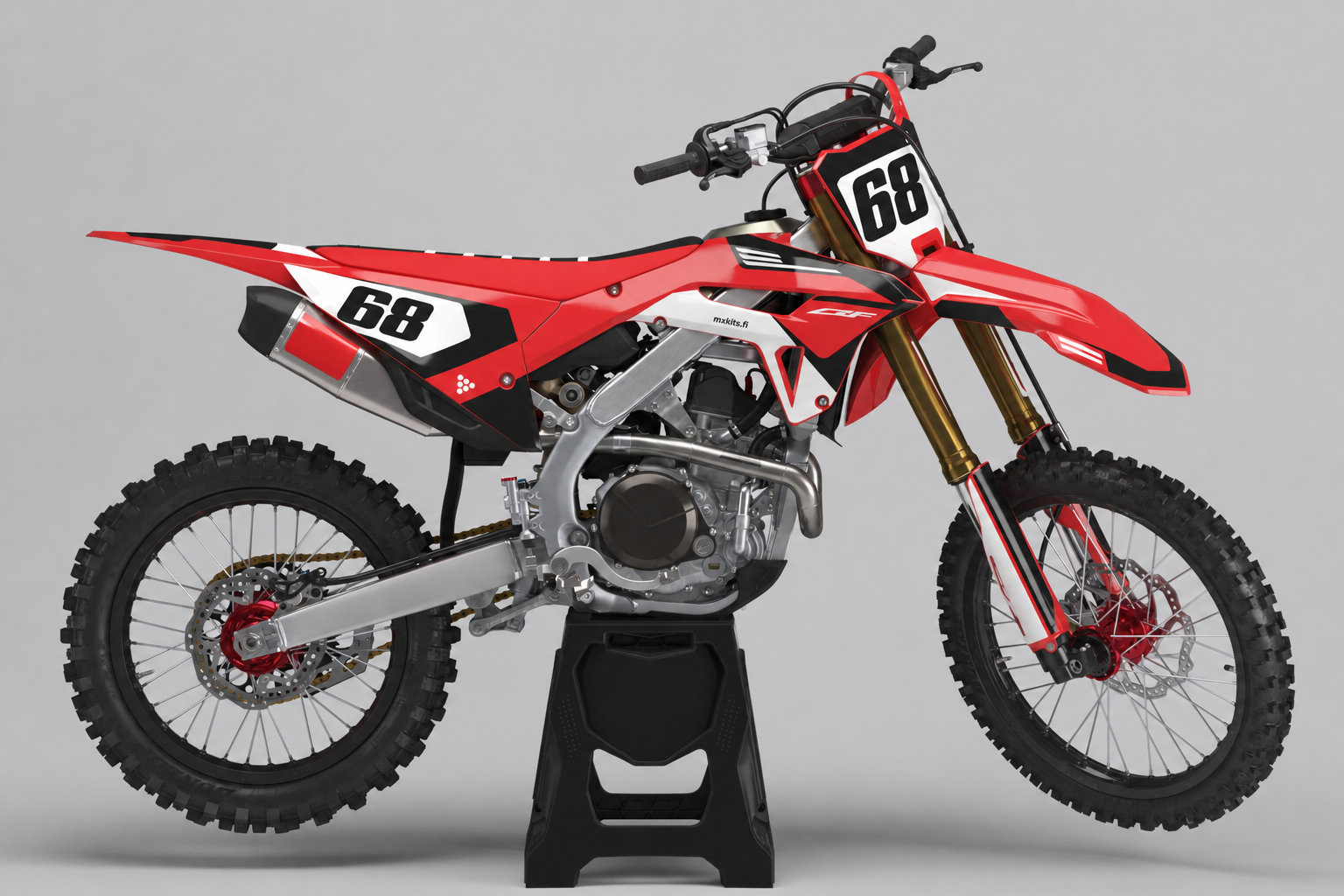 Honda Pitovire motocross-tarrasarja sivukuvassa numerolla 68, punainen, musta ja valkoinen