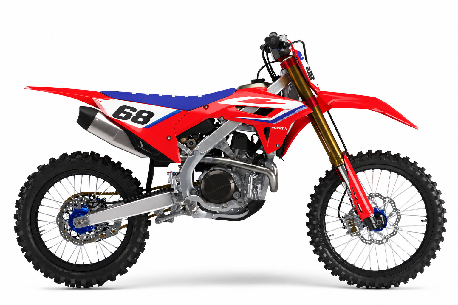 Punainen, sininen ja valkoinen Honda CRF Punainen Kisalinja -tarrasarja numerolla 68 sivukuvassa